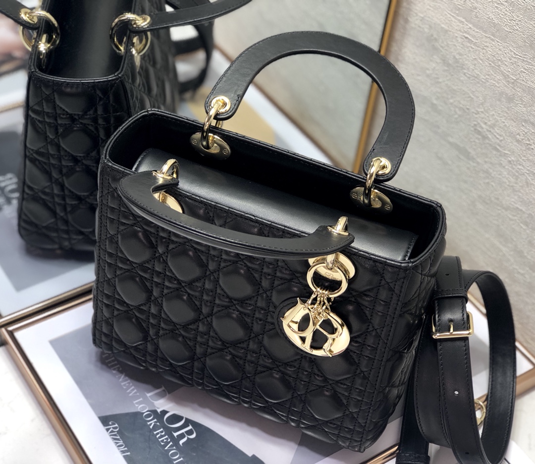 Bagsaaa Medium Lady D10r Bag Black Cannage Lambskin - 24cm