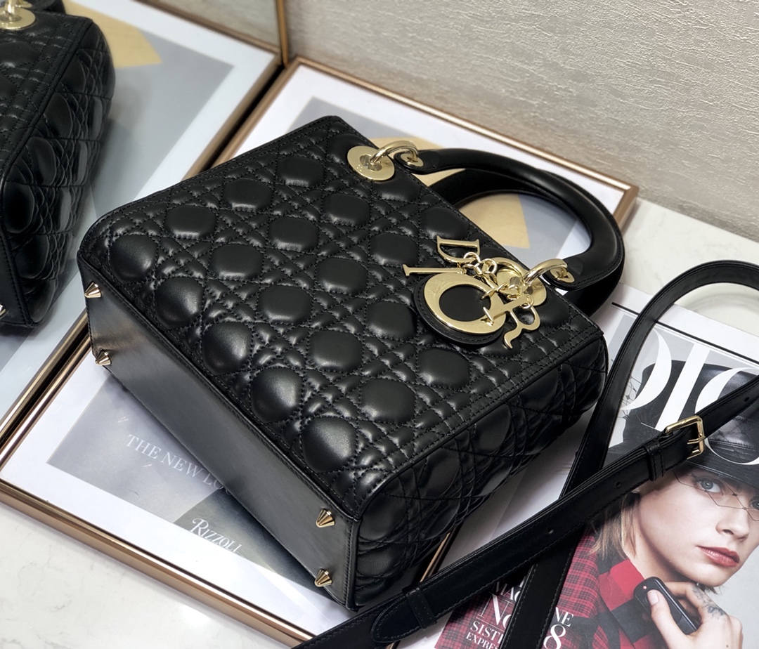 Bagsaaa Medium Lady D10r Bag Black Cannage Lambskin - 24cm