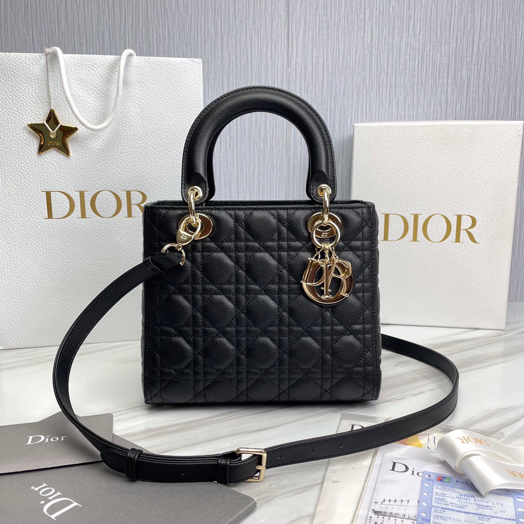 Bagsaaa D10r Lady Medium Lady D10r Bag Black Grained Cannage Calfskin