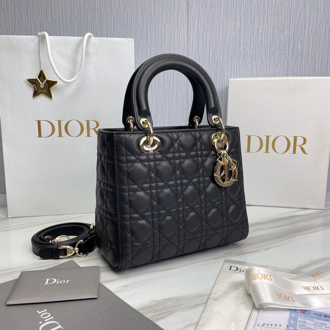Bagsaaa D10r Lady Medium Lady D10r Bag Black Grained Cannage Calfskin