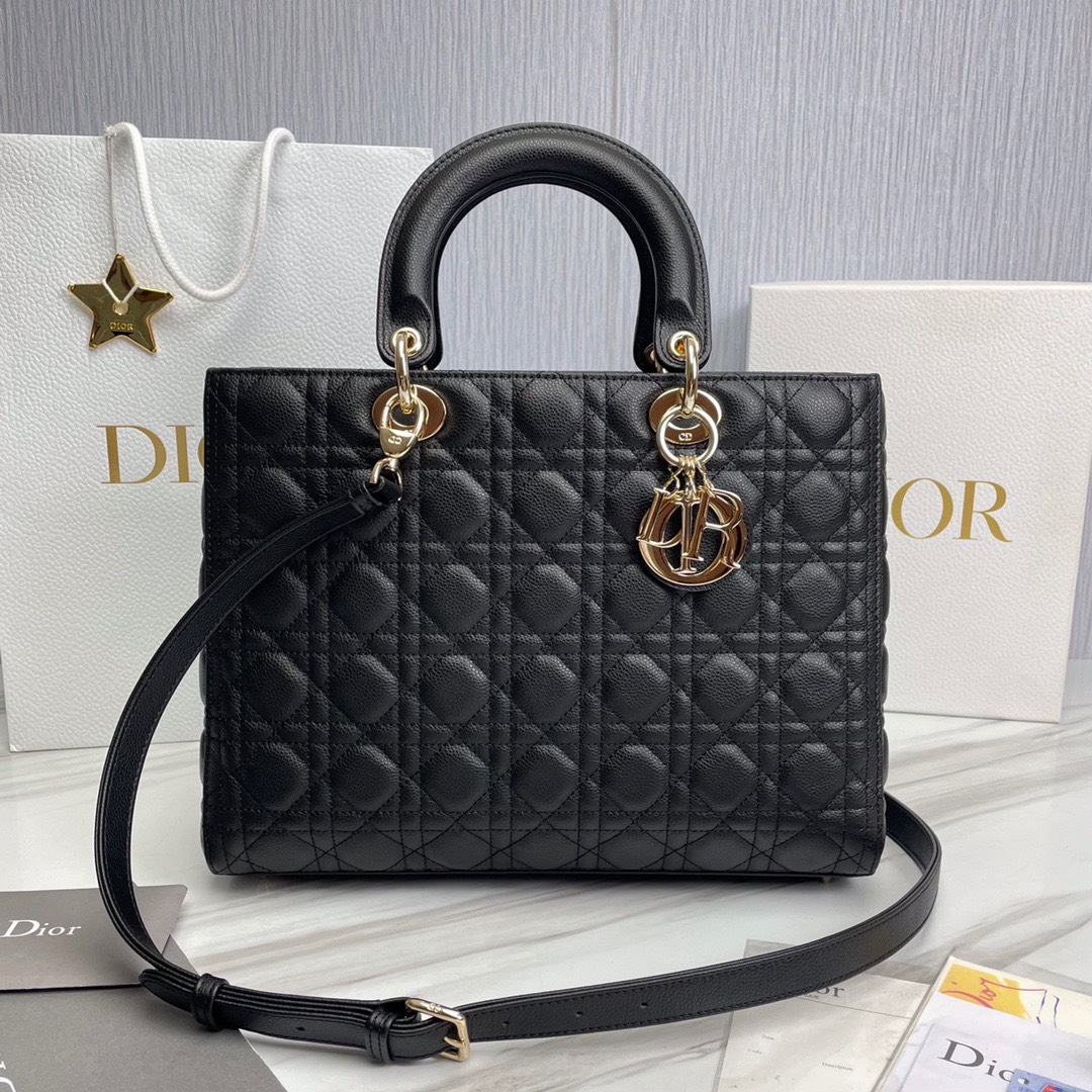 Bagsaaa D10r Lady Large Lady D10r Bag Black Grained Cannage Calfskin