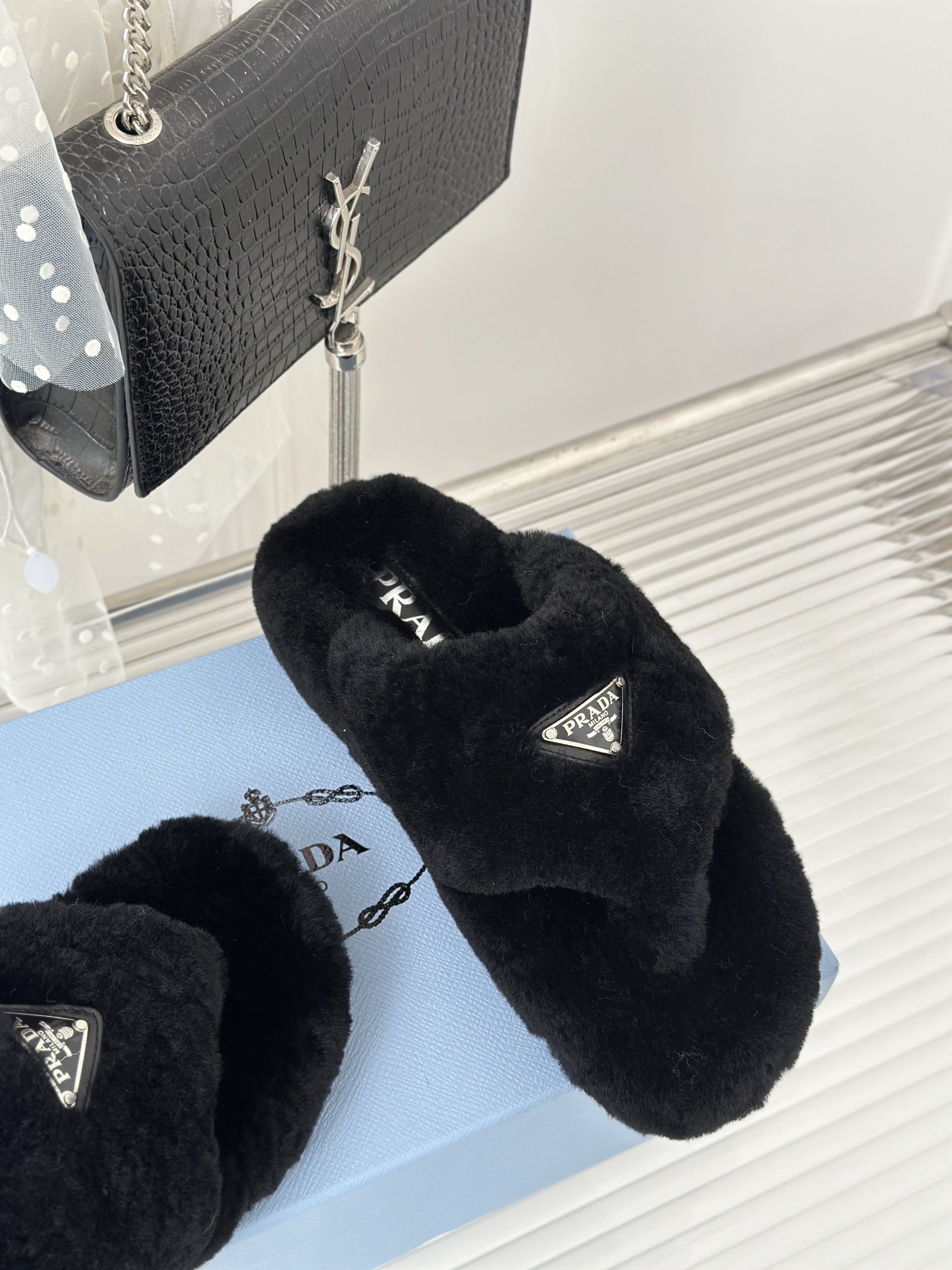 Bagsaaa Pra*a Shearling mules black