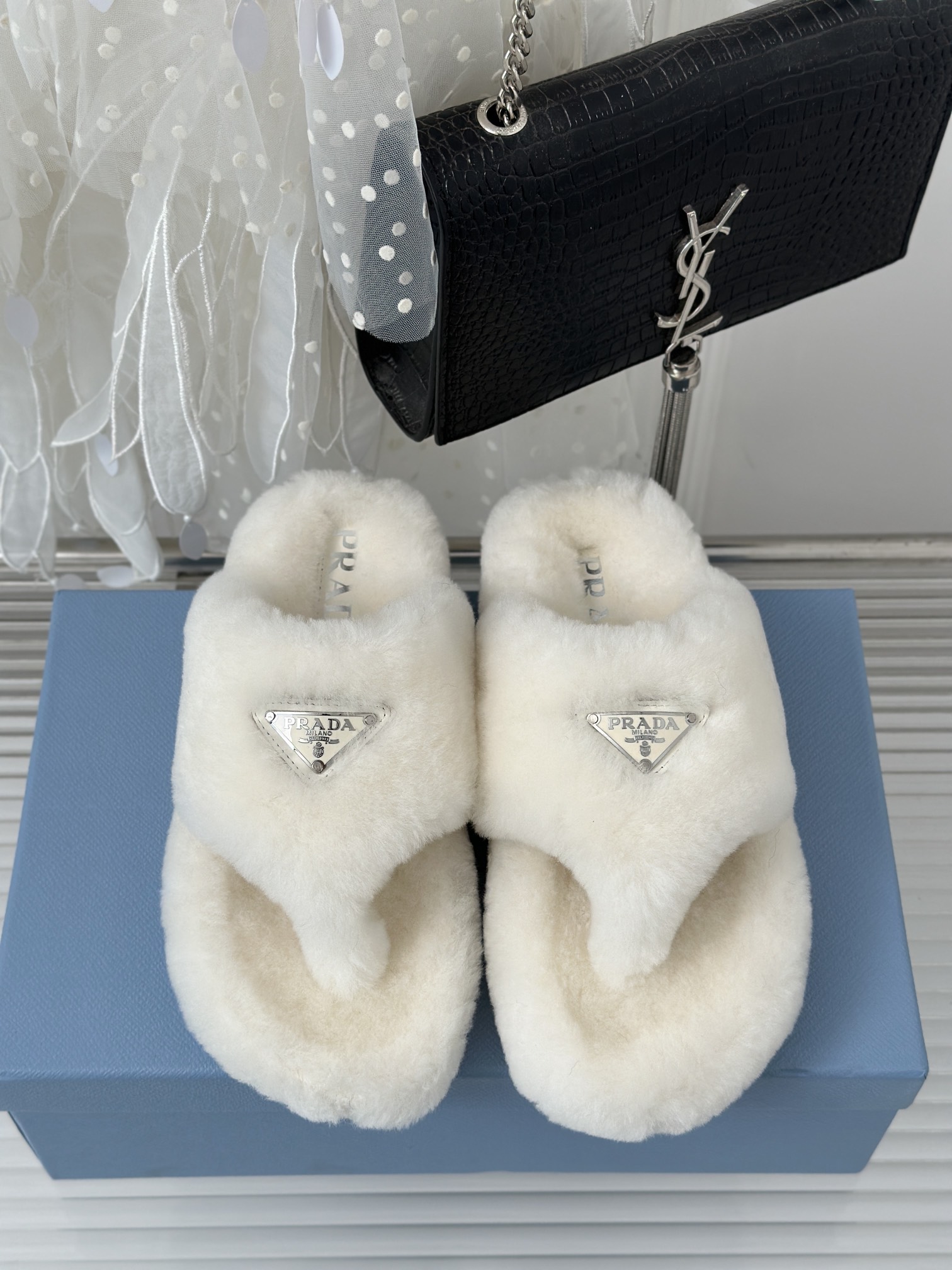 Bagsaaa Pra*a Shearling mules white