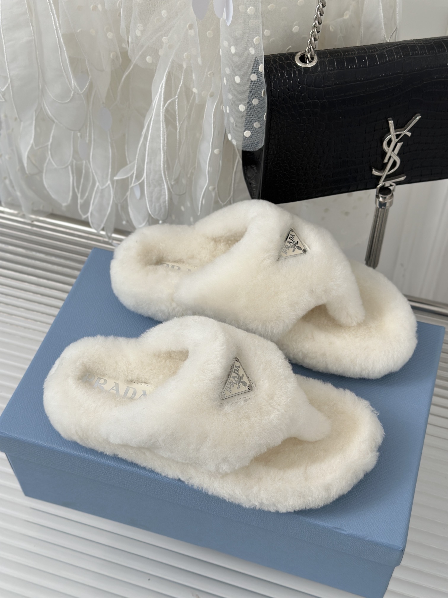 Bagsaaa Pra*a Shearling mules white