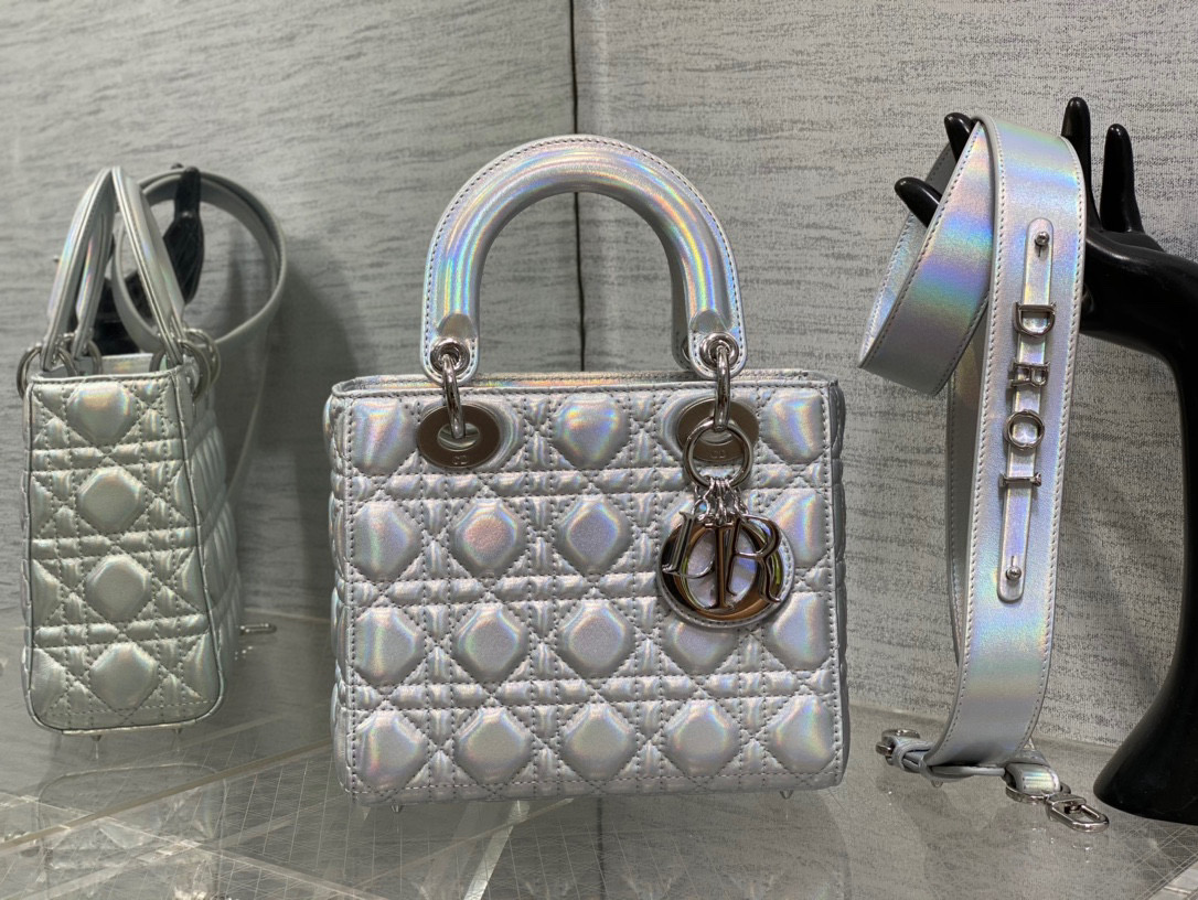 Bagsaaa D10r Lady Small Silver-Tone Iridescent and Metallic Cannage Lambskin