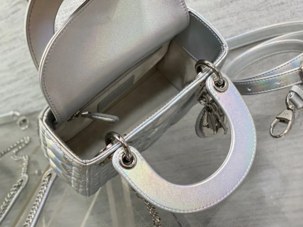 Bagsaaa D10r Lady Small Silver-Tone Iridescent and Metallic Cannage Lambskin