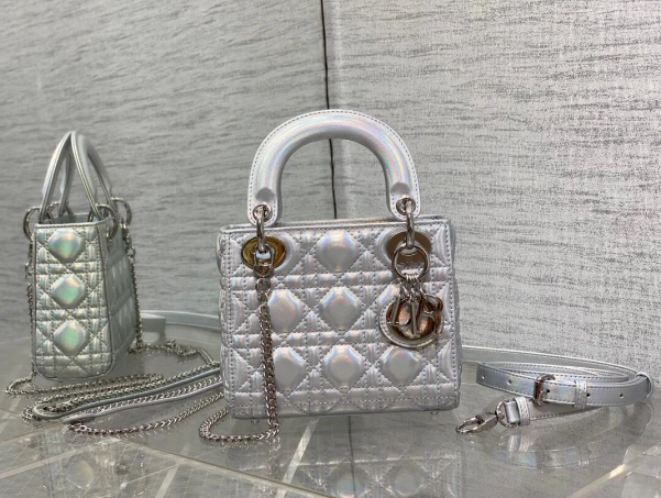 Bagsaaa D10r Lady Mini Silver-Tone Iridescent and Metallic Cannage Lambskin