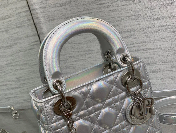 Bagsaaa D10r Lady Mini Silver-Tone Iridescent and Metallic Cannage Lambskin
