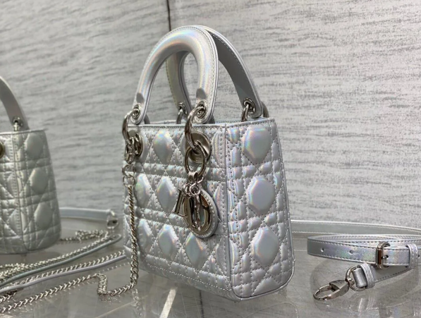 Bagsaaa D10r Lady Mini Silver-Tone Iridescent and Metallic Cannage Lambskin