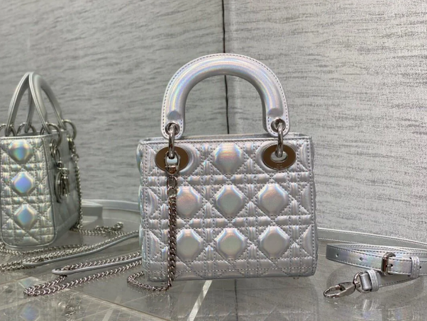 Bagsaaa D10r Lady Mini Silver-Tone Iridescent and Metallic Cannage Lambskin