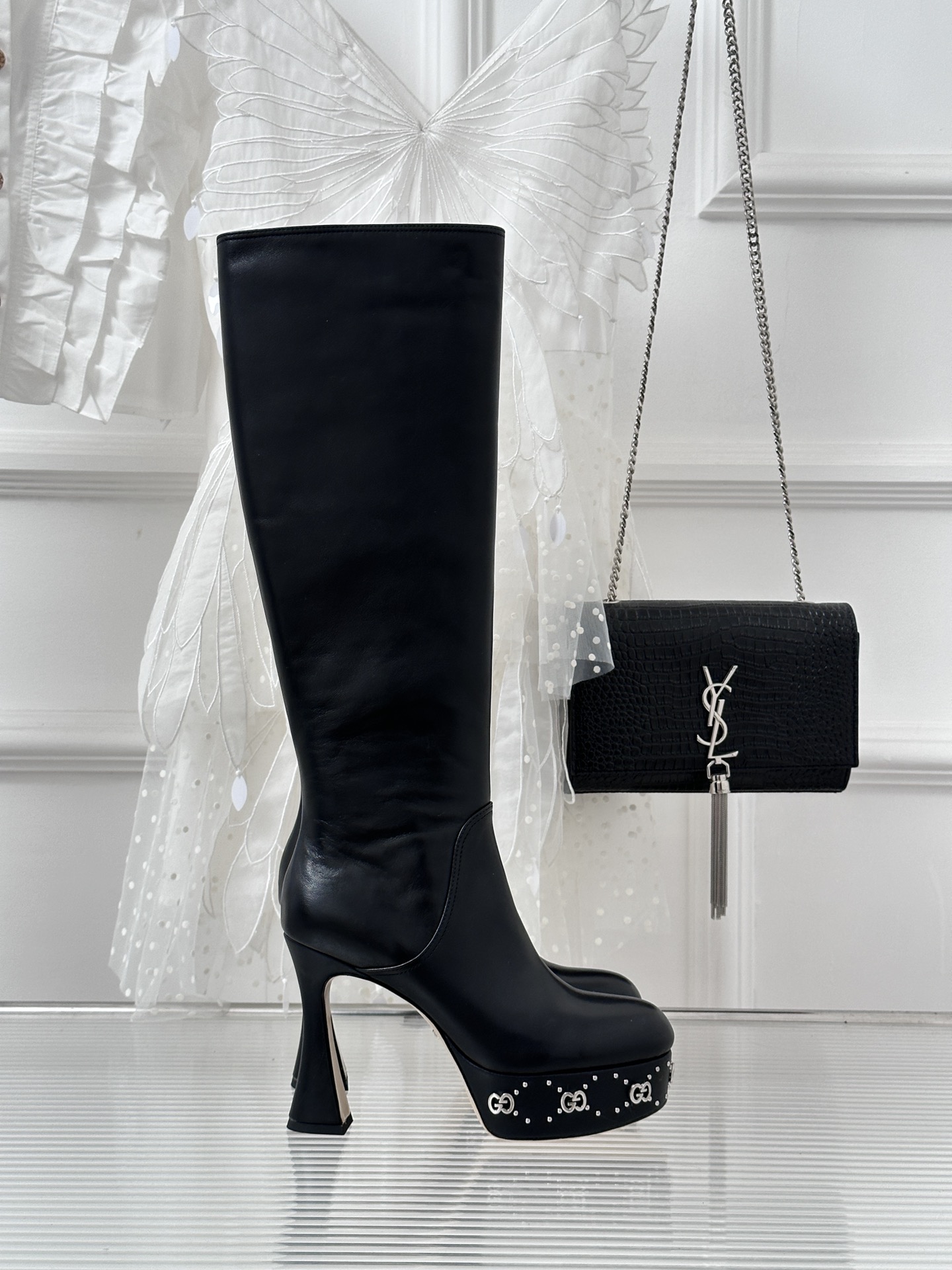 Bagsaaa Gvc*1 GG studded leather ankle long boots black