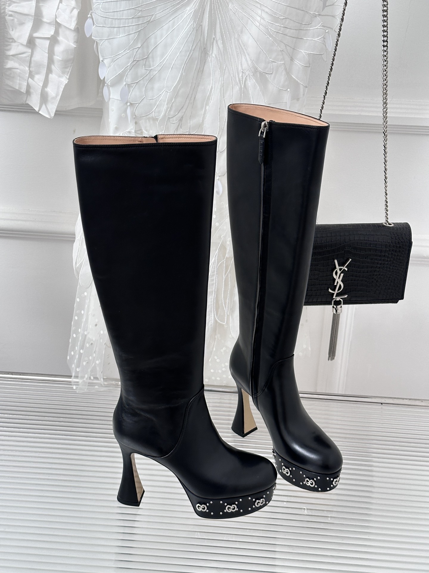 Bagsaaa Gvc*1 GG studded leather ankle long boots black
