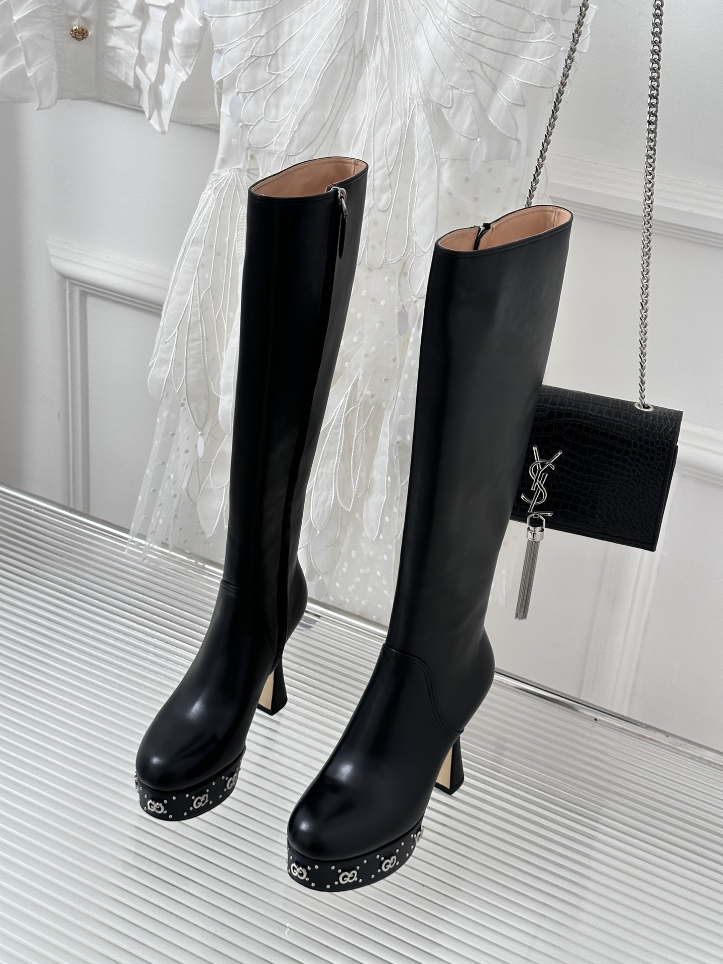 Bagsaaa Gvc*1 GG studded leather ankle long boots black
