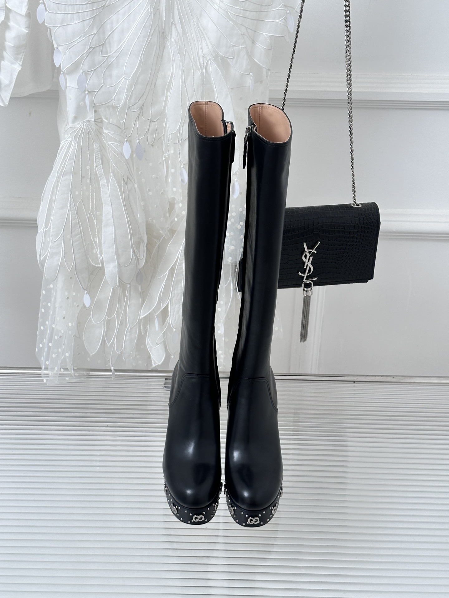 Bagsaaa Gvc*1 GG studded leather ankle long boots black
