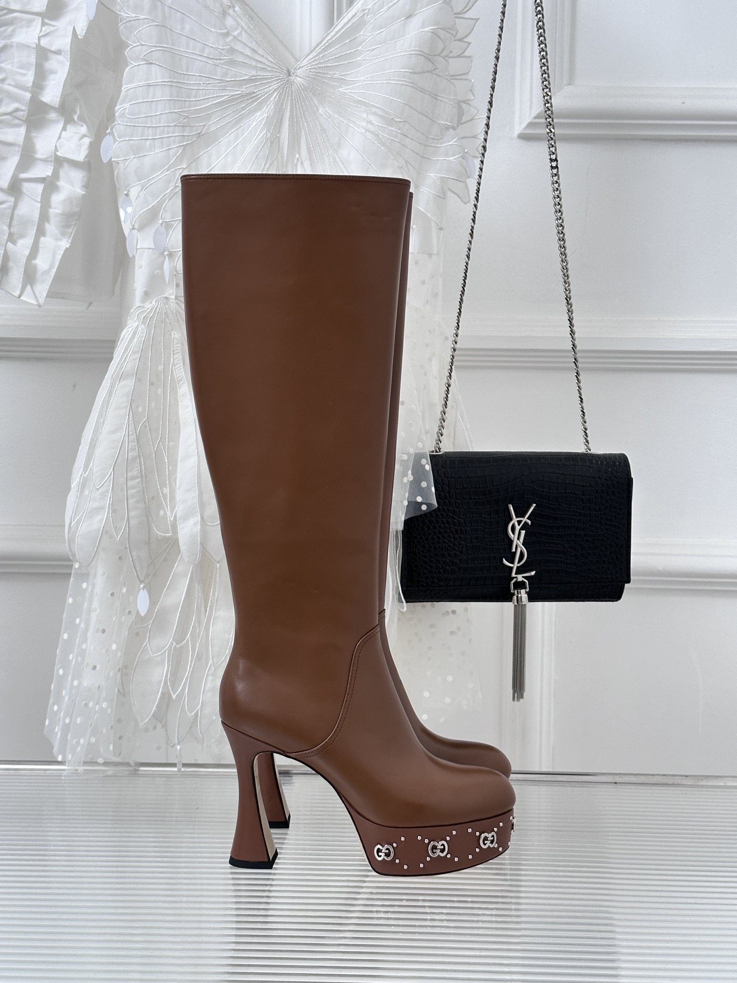 Bagsaaa Gvc*1 GG studded leather ankle long boots brown
