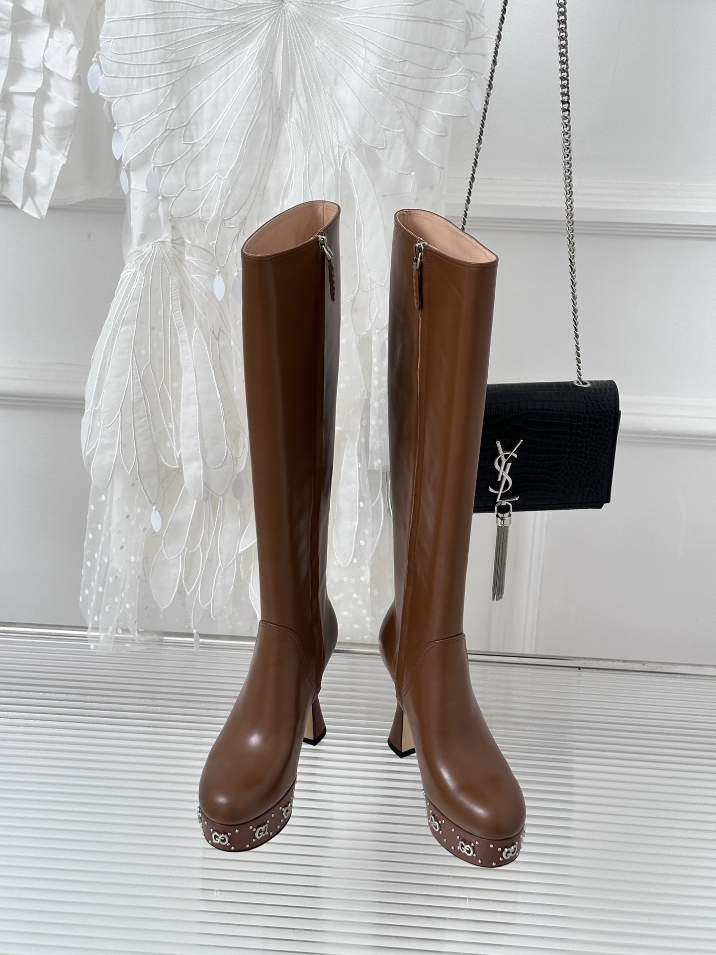 Bagsaaa Gvc*1 GG studded leather ankle long boots brown