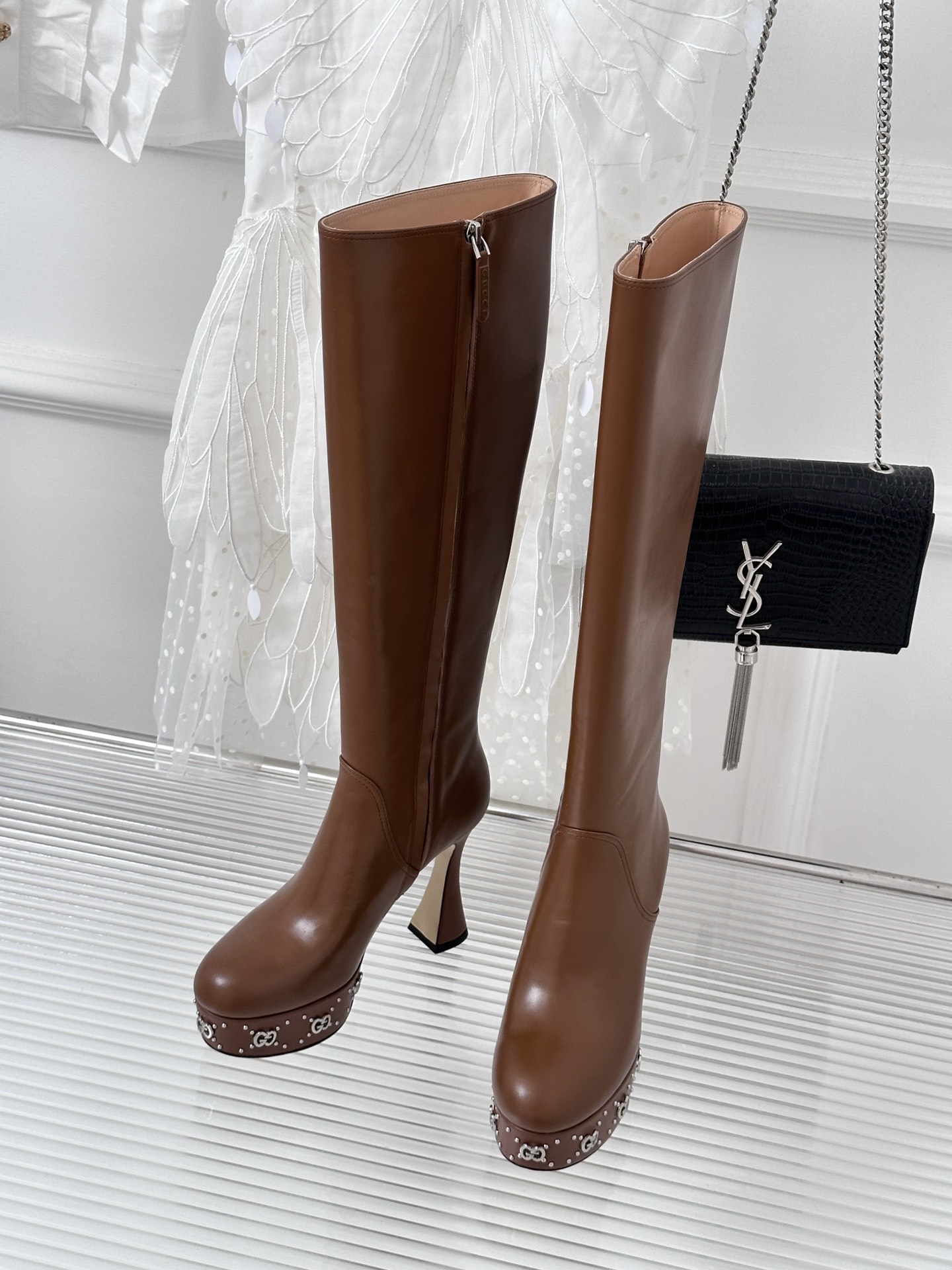Bagsaaa Gvc*1 GG studded leather ankle long boots brown