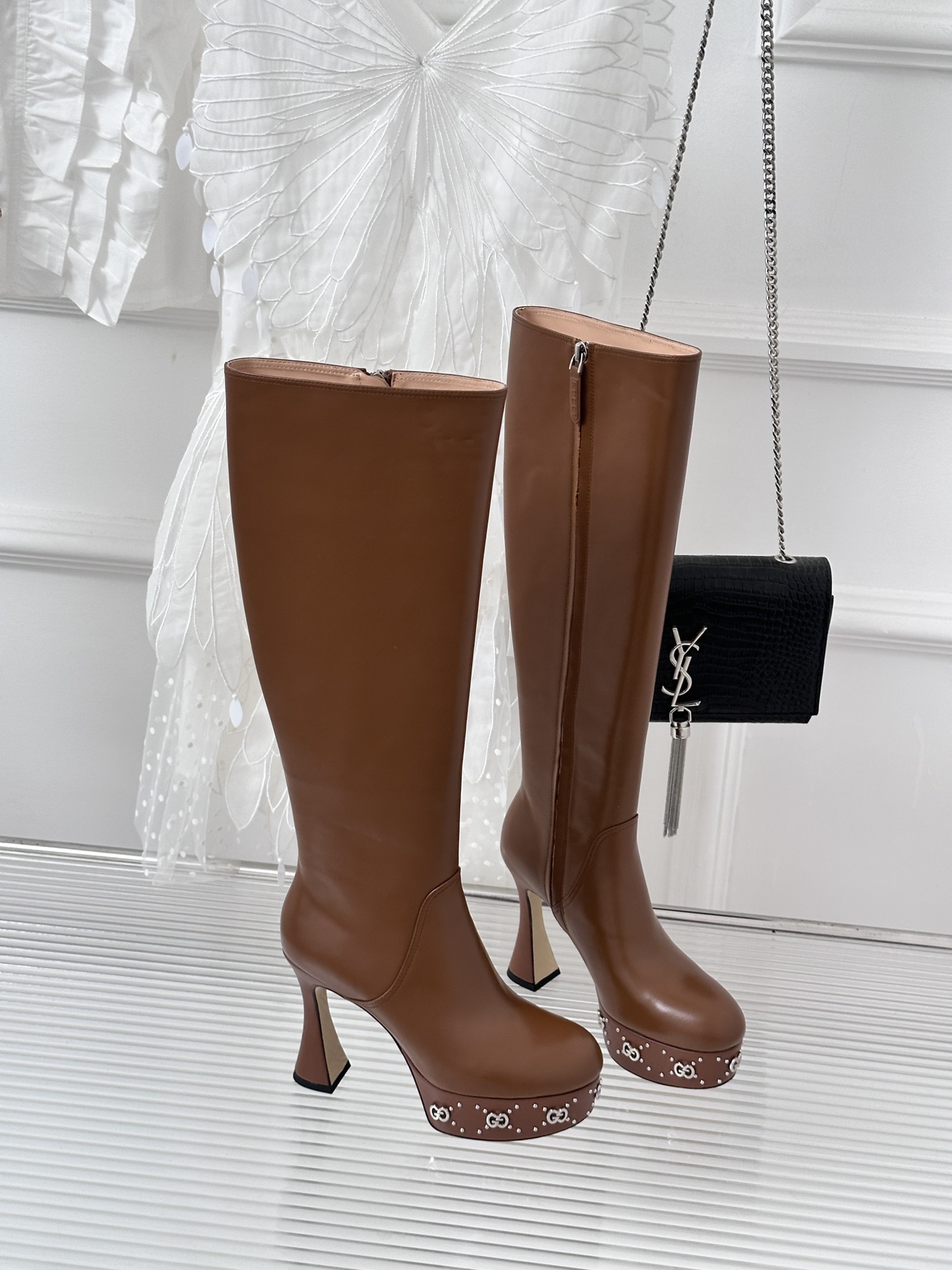 Bagsaaa Gvc*1 GG studded leather ankle long boots brown
