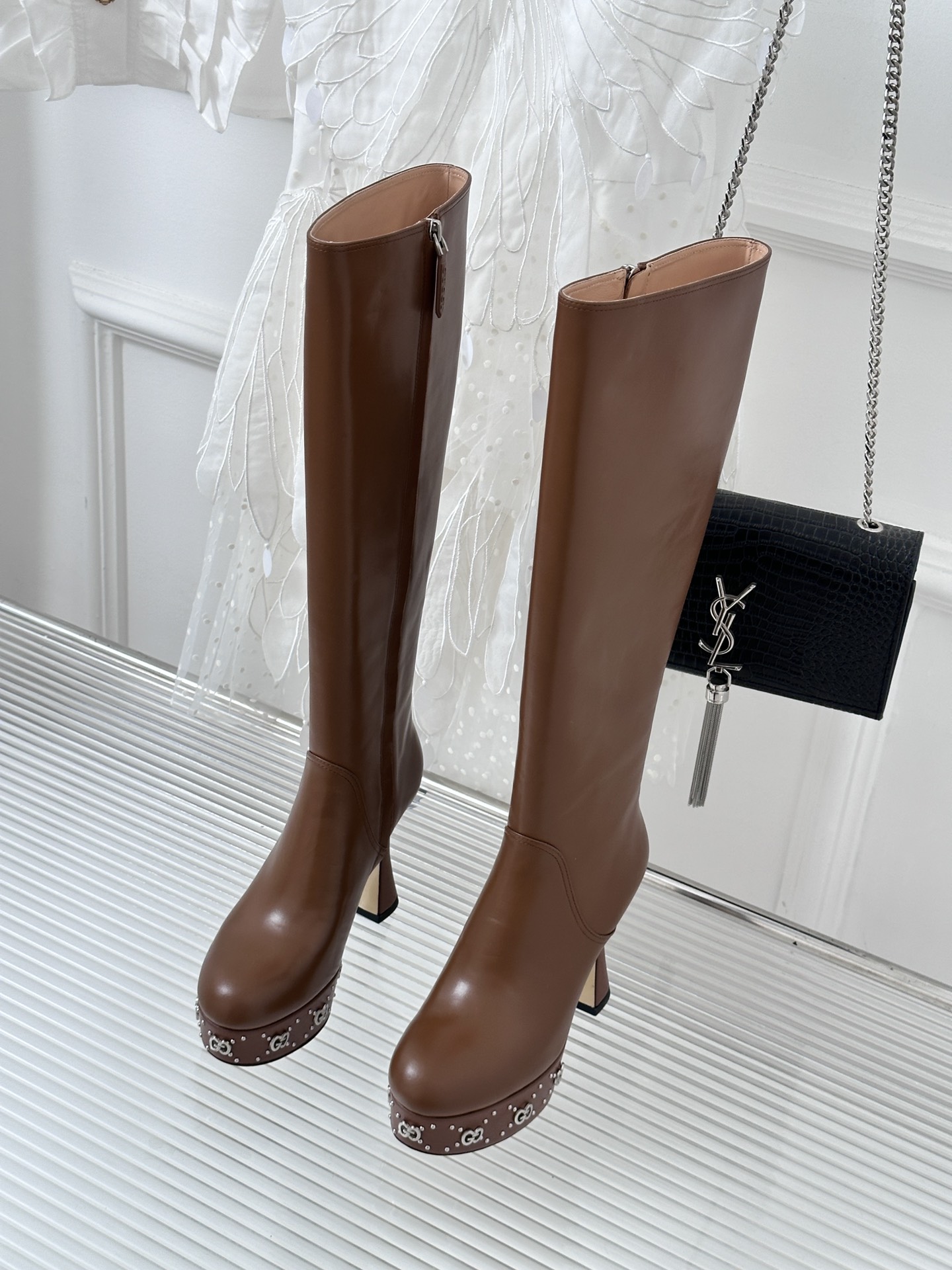 Bagsaaa Gvc*1 GG studded leather ankle long boots brown
