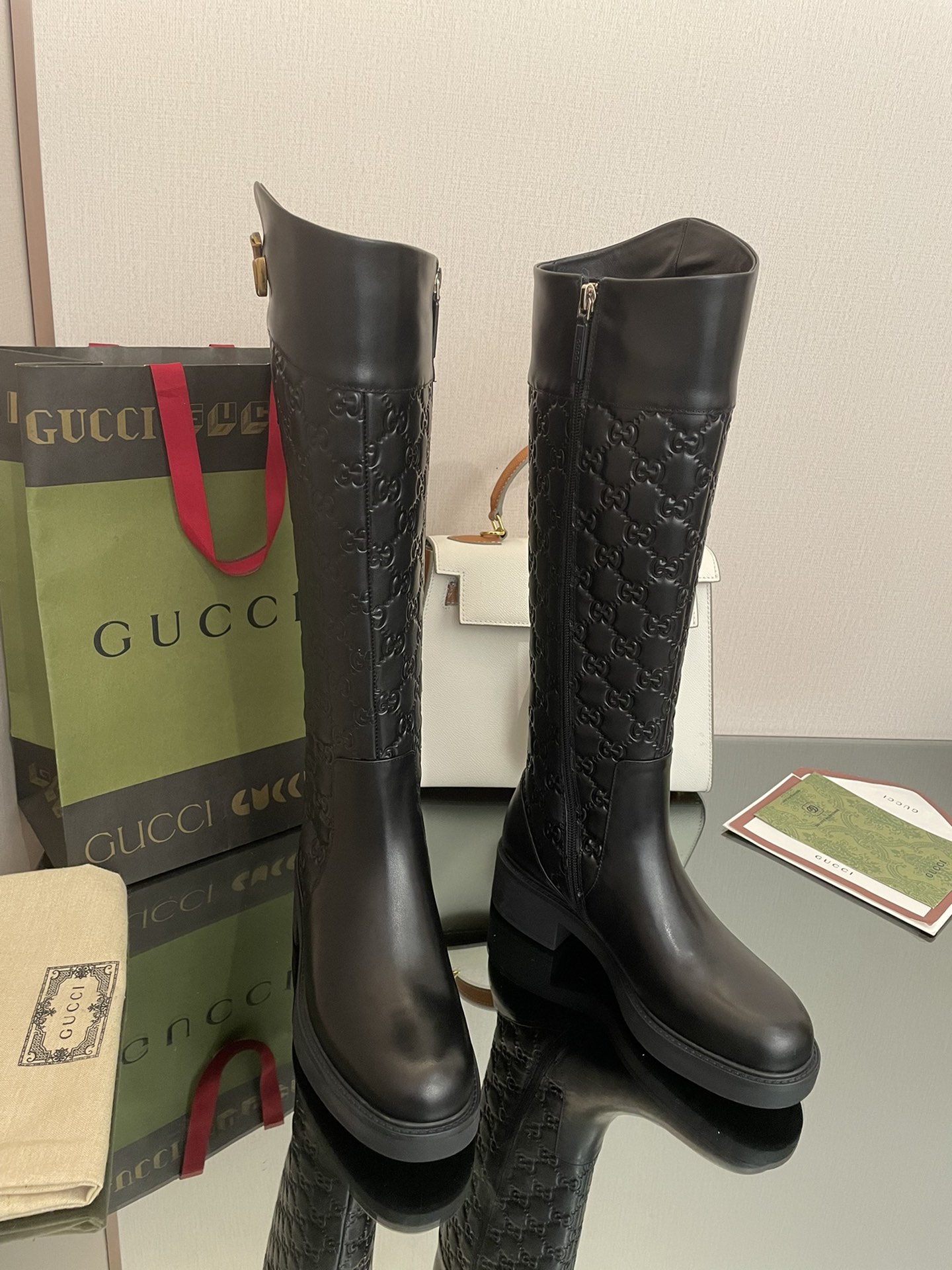 Bagsaaa Gvc*1 GG Ankle Long Black Leather Boots