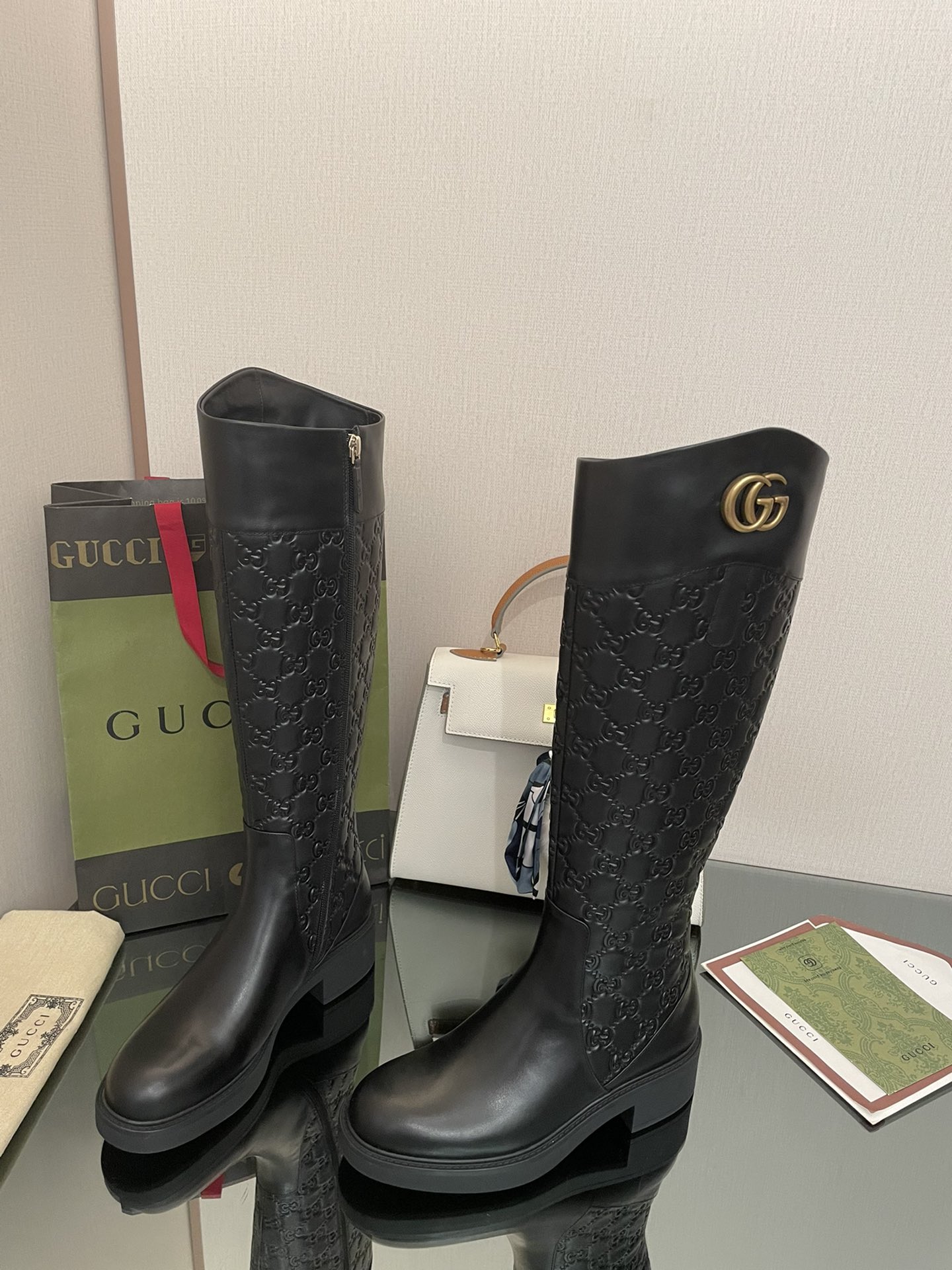 Bagsaaa Gvc*1 GG Ankle Long Black Leather Boots