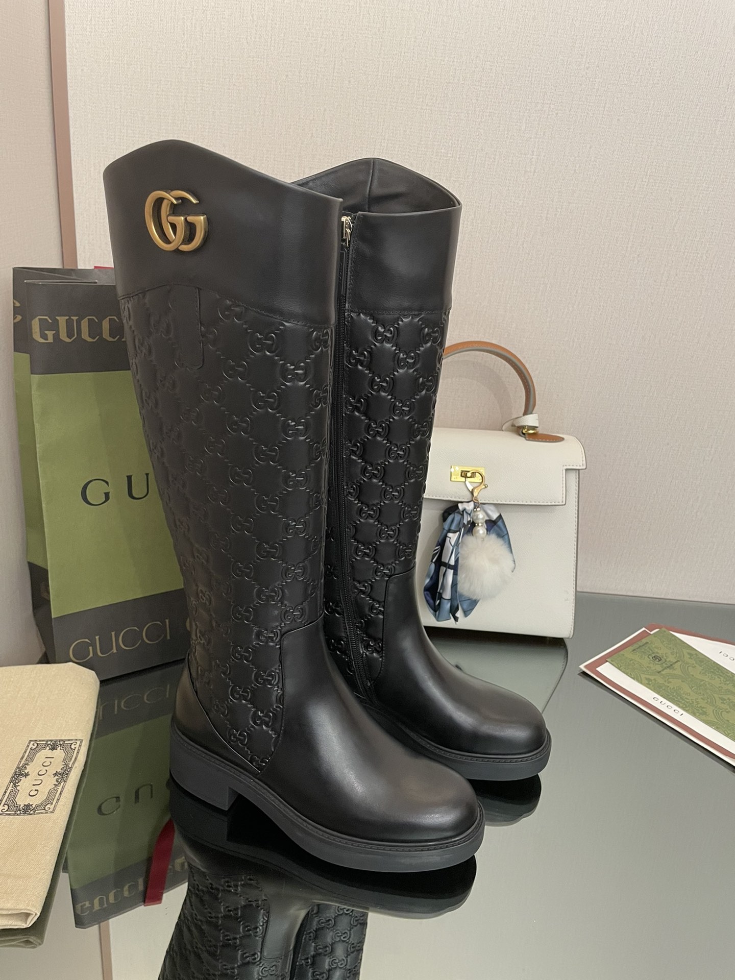 Bagsaaa Gvc*1 GG Ankle Long Black Leather Boots