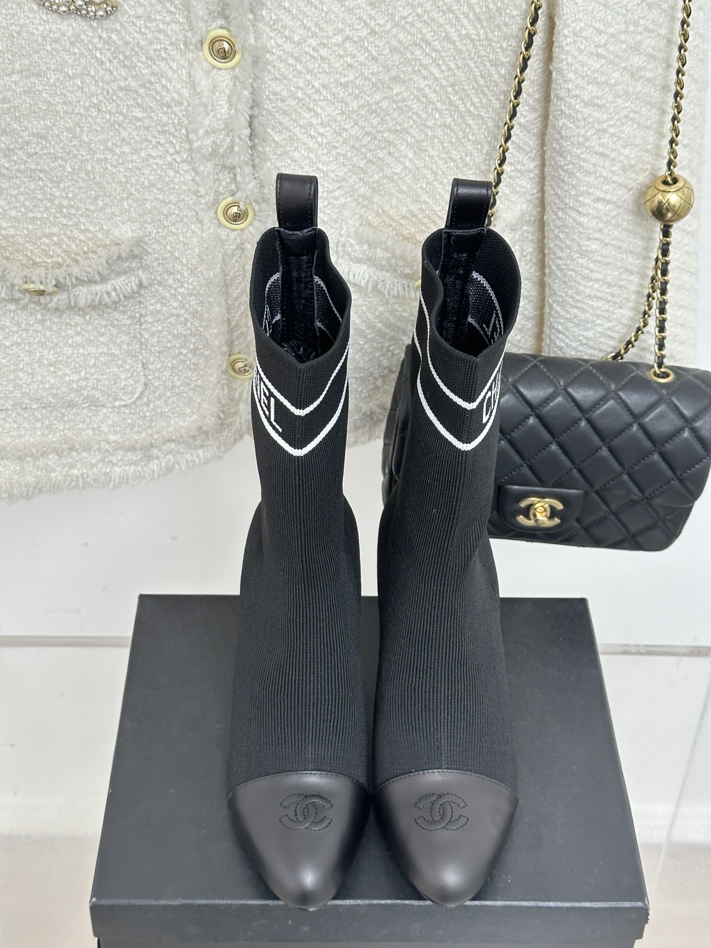 Bagsaaa Ch**el Beaded Pearl Sock Boots Black