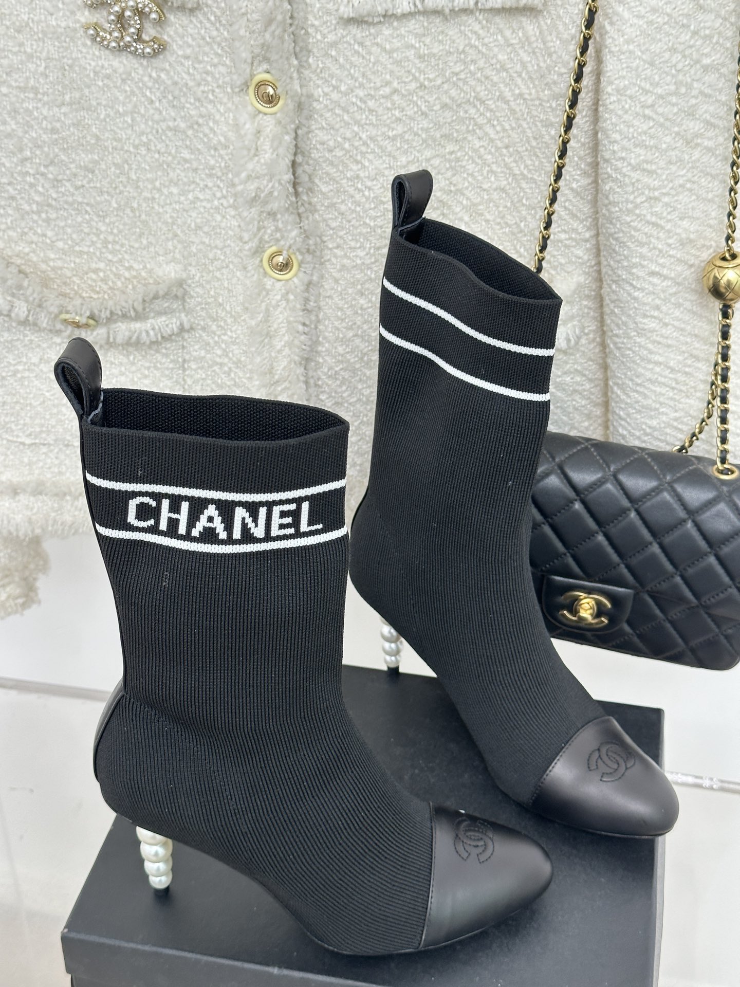 Bagsaaa Ch**el Beaded Pearl Sock Boots Black