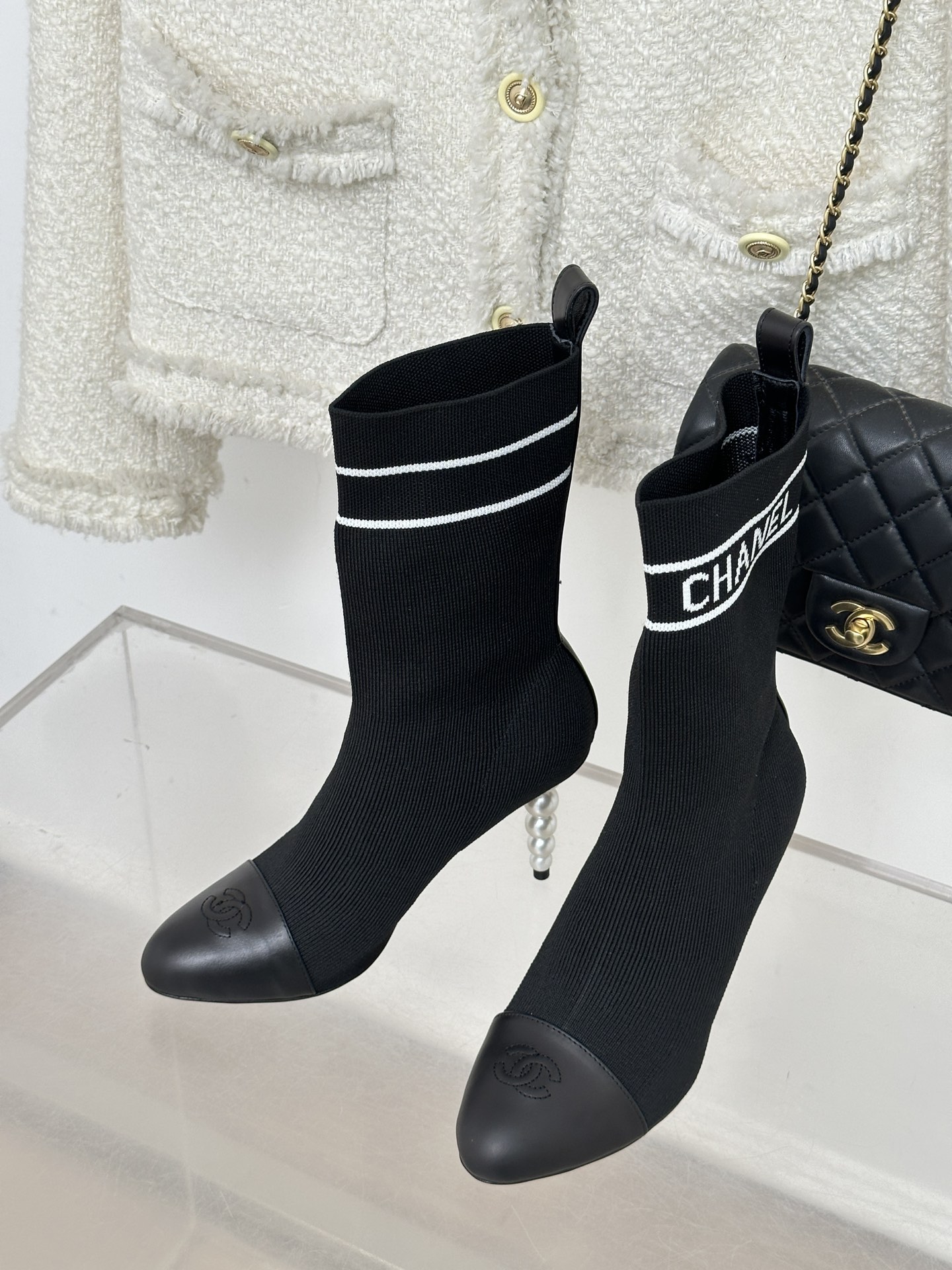 Bagsaaa Ch**el Beaded Pearl Sock Boots Black