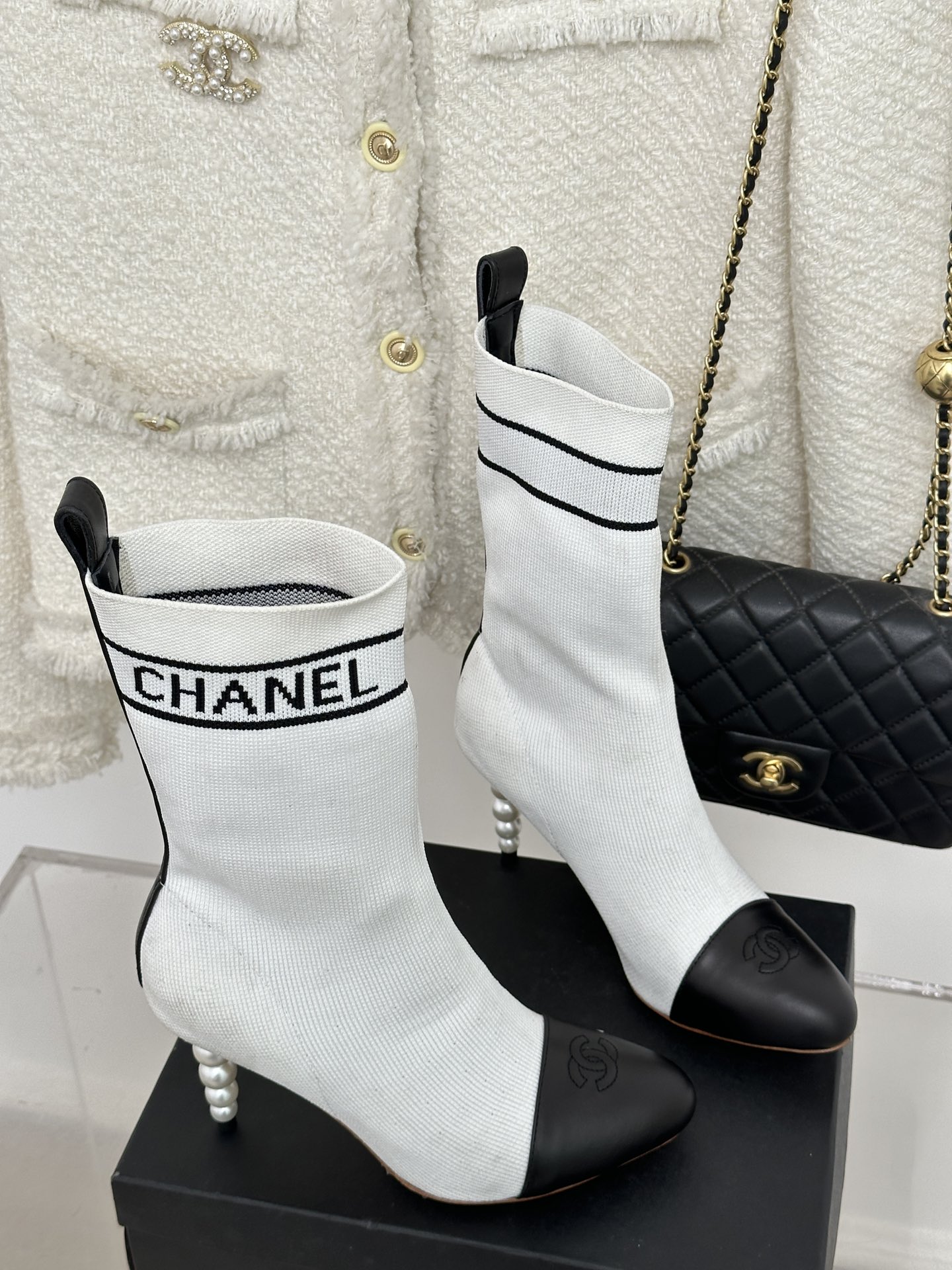 Bagsaaa Ch**el Beaded Pearl Sock Boots White