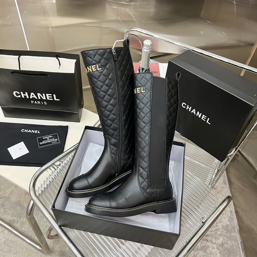 Bagsaaa Ch**el Chelsea Black Leather Long Boots