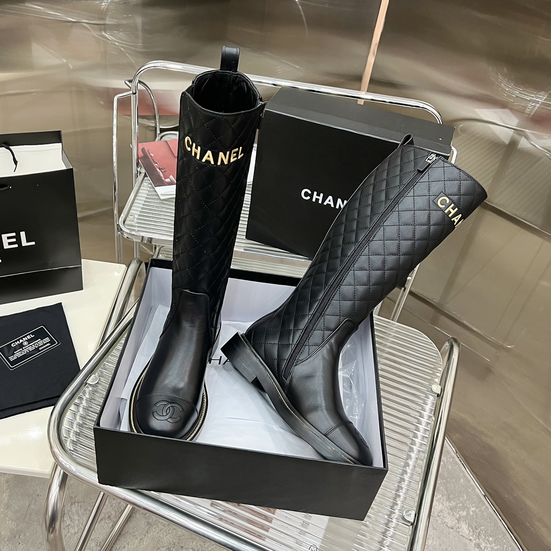 Bagsaaa Ch**el Chelsea Black Leather Long Boots