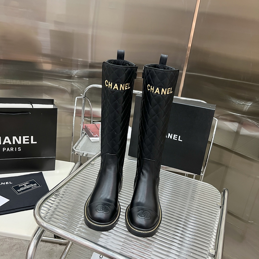 Bagsaaa Ch**el Chelsea Black Leather Long Boots