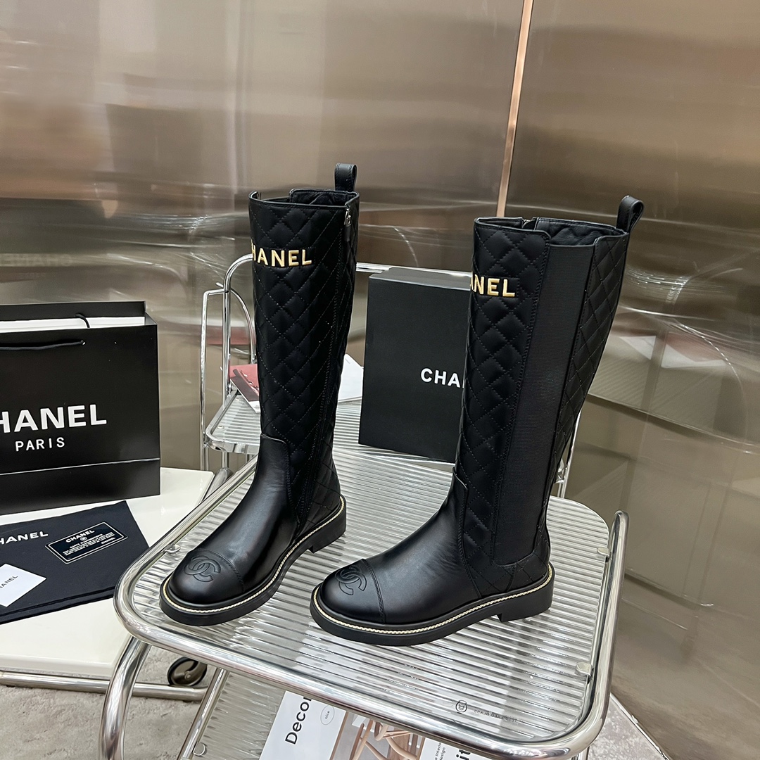 Bagsaaa Ch**el Chelsea Black Leather Long Boots