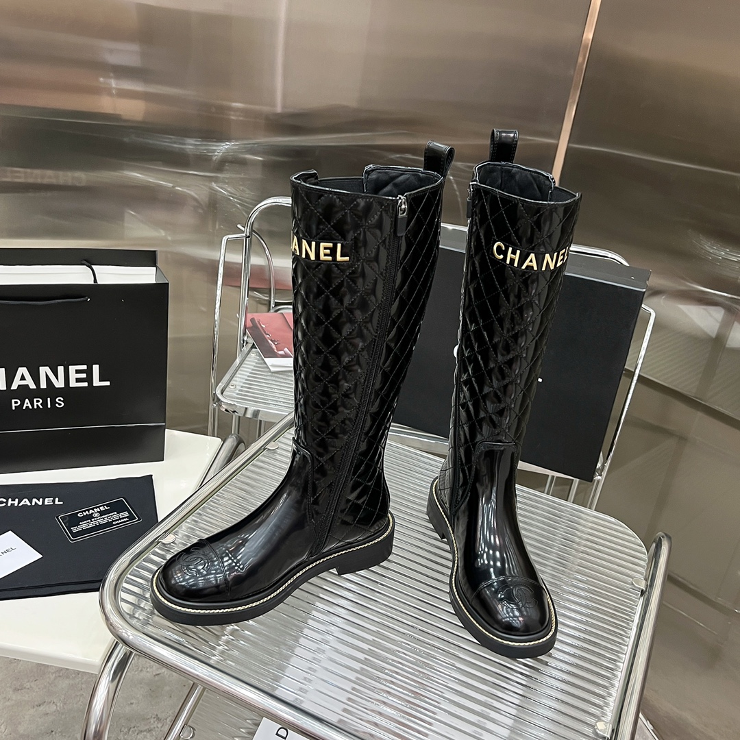 Bagsaaa Ch**el Chelsea Black Patent Leather Long Boots