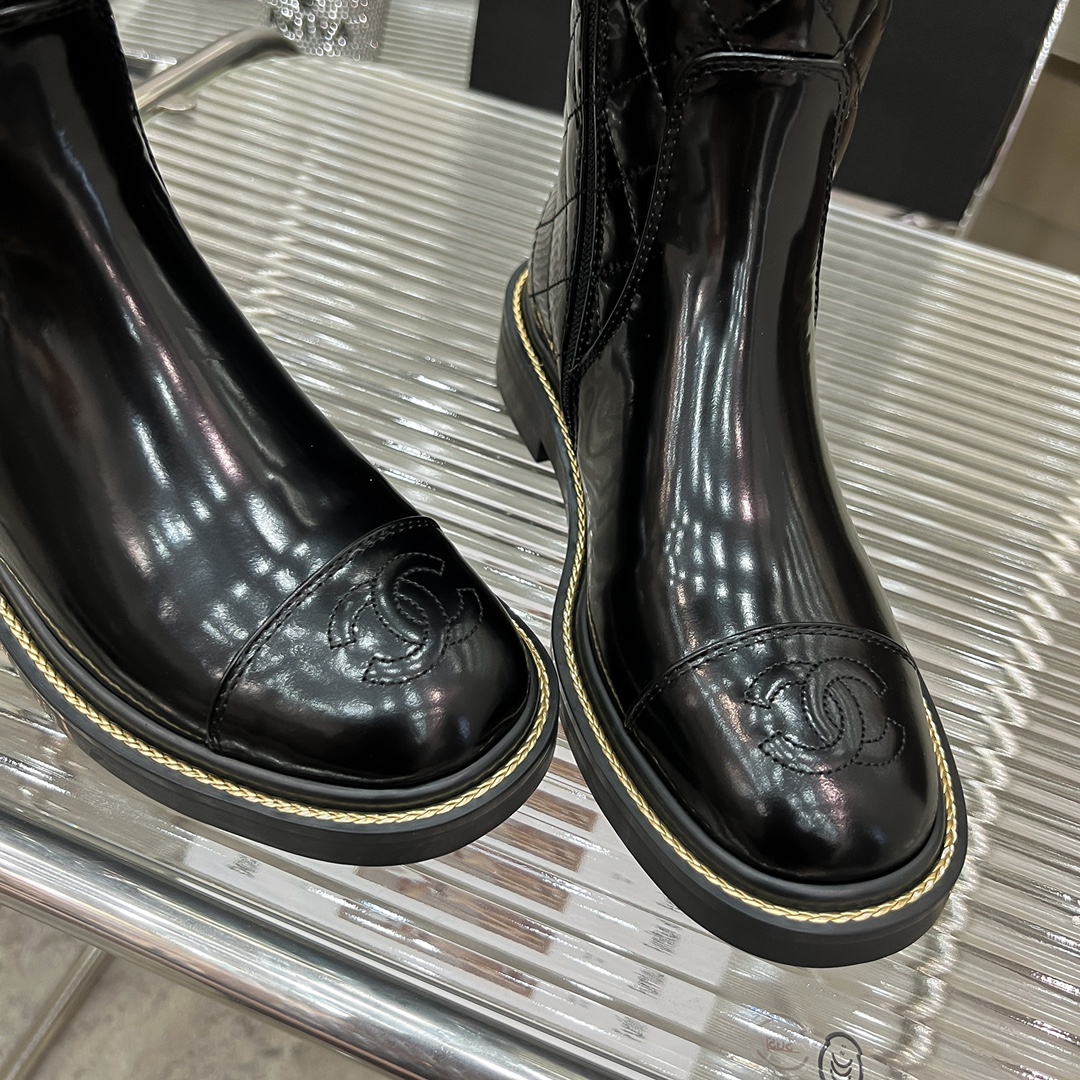 Bagsaaa Ch**el Chelsea Black Patent Leather Long Boots