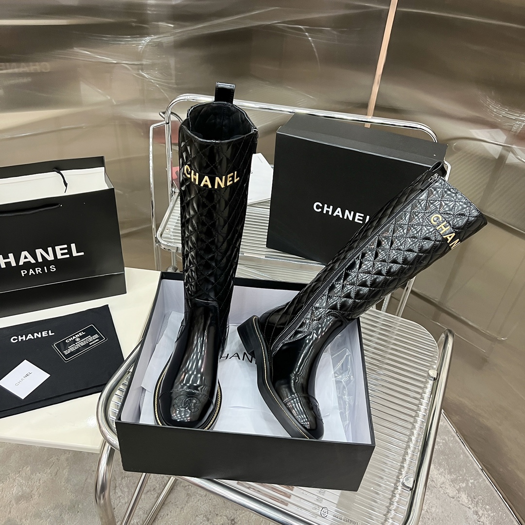 Bagsaaa Ch**el Chelsea Black Patent Leather Long Boots