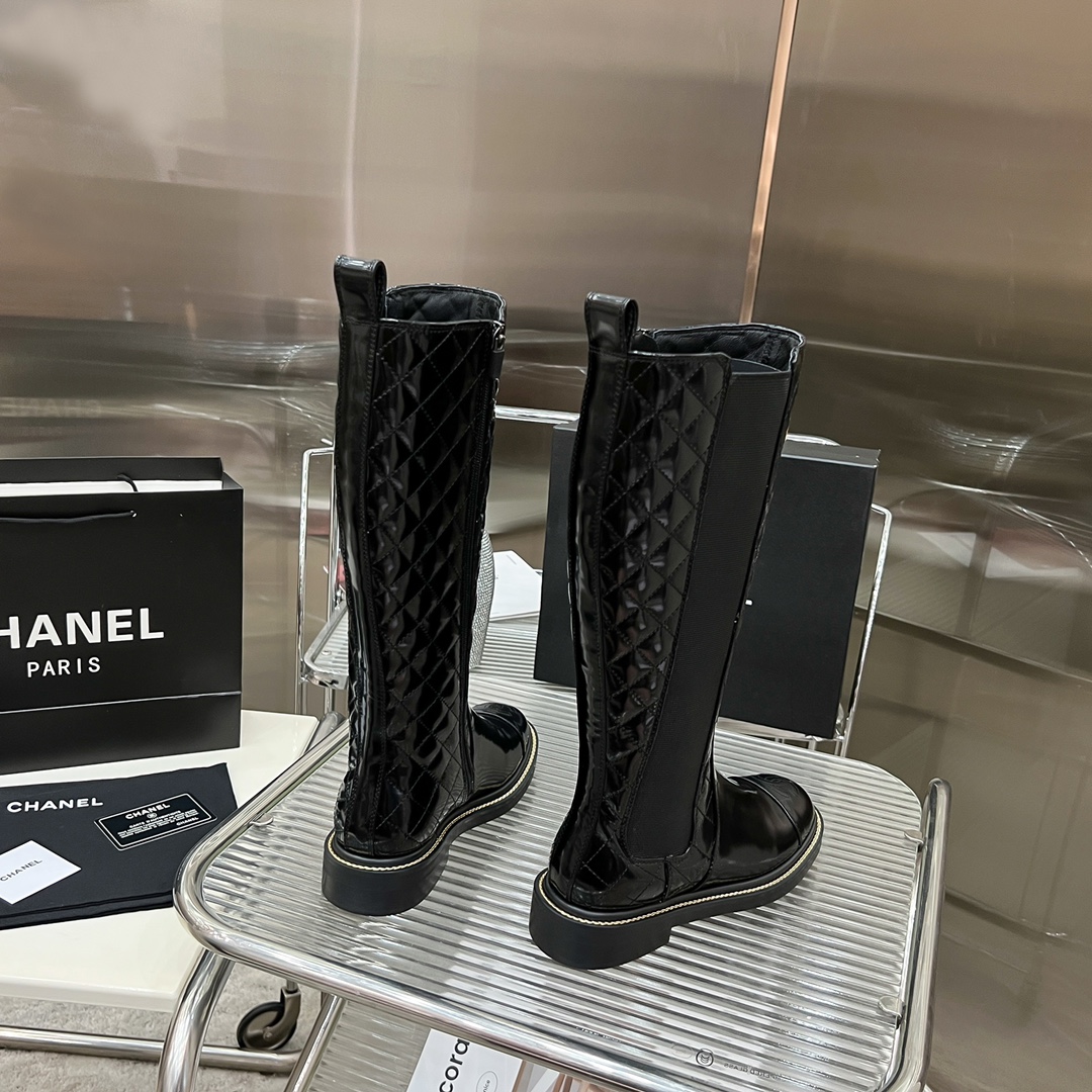 Bagsaaa Ch**el Chelsea Black Patent Leather Long Boots