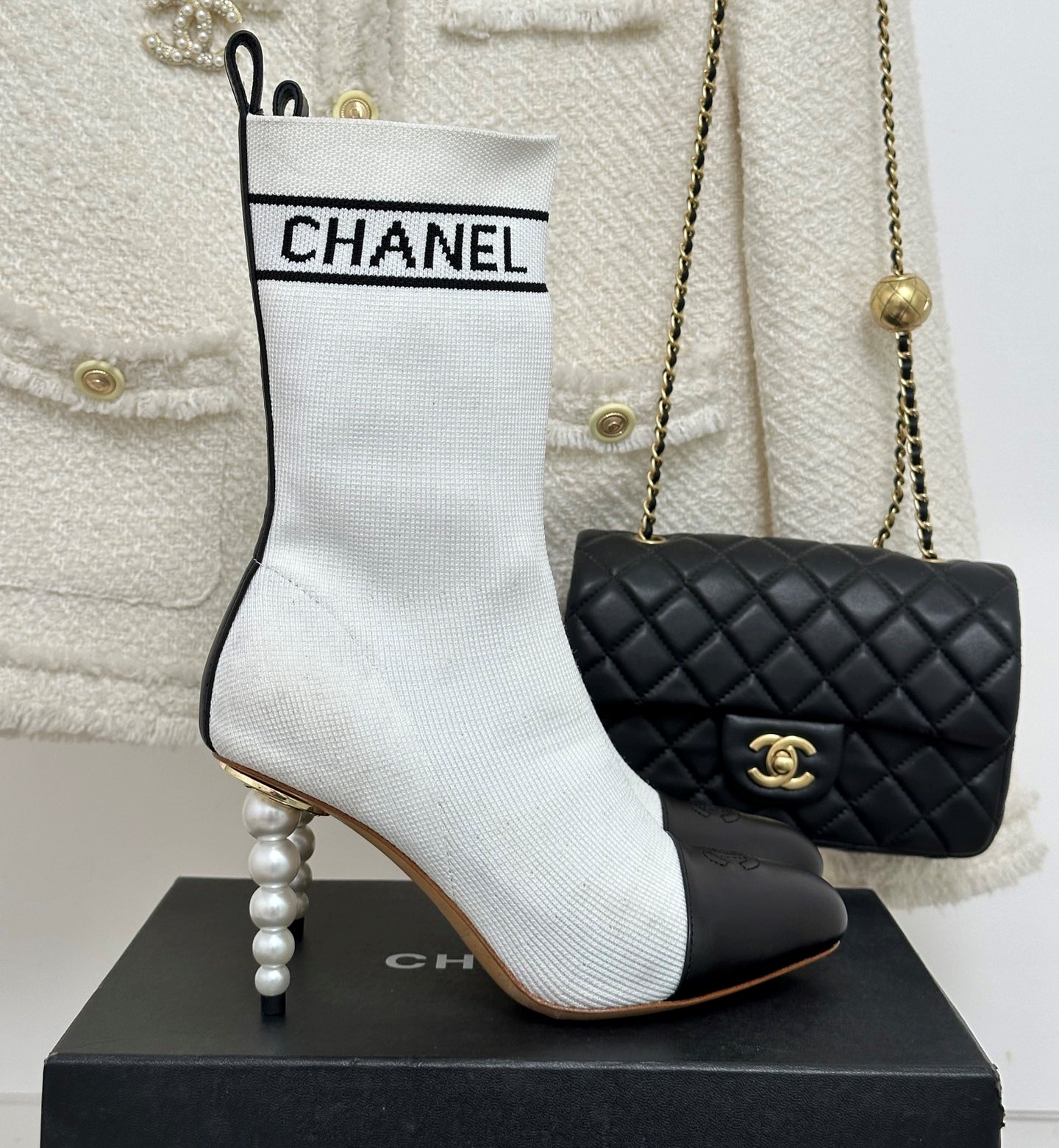 Bagsaaa Ch**el Beaded Pearl Sock Boots White