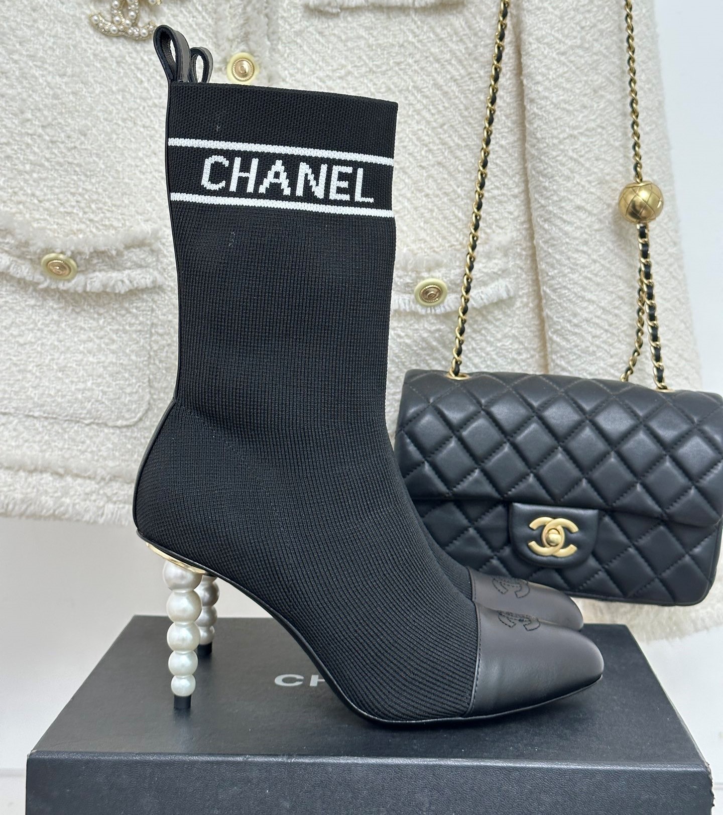 Bagsaaa Ch**el Beaded Pearl Sock Boots Black