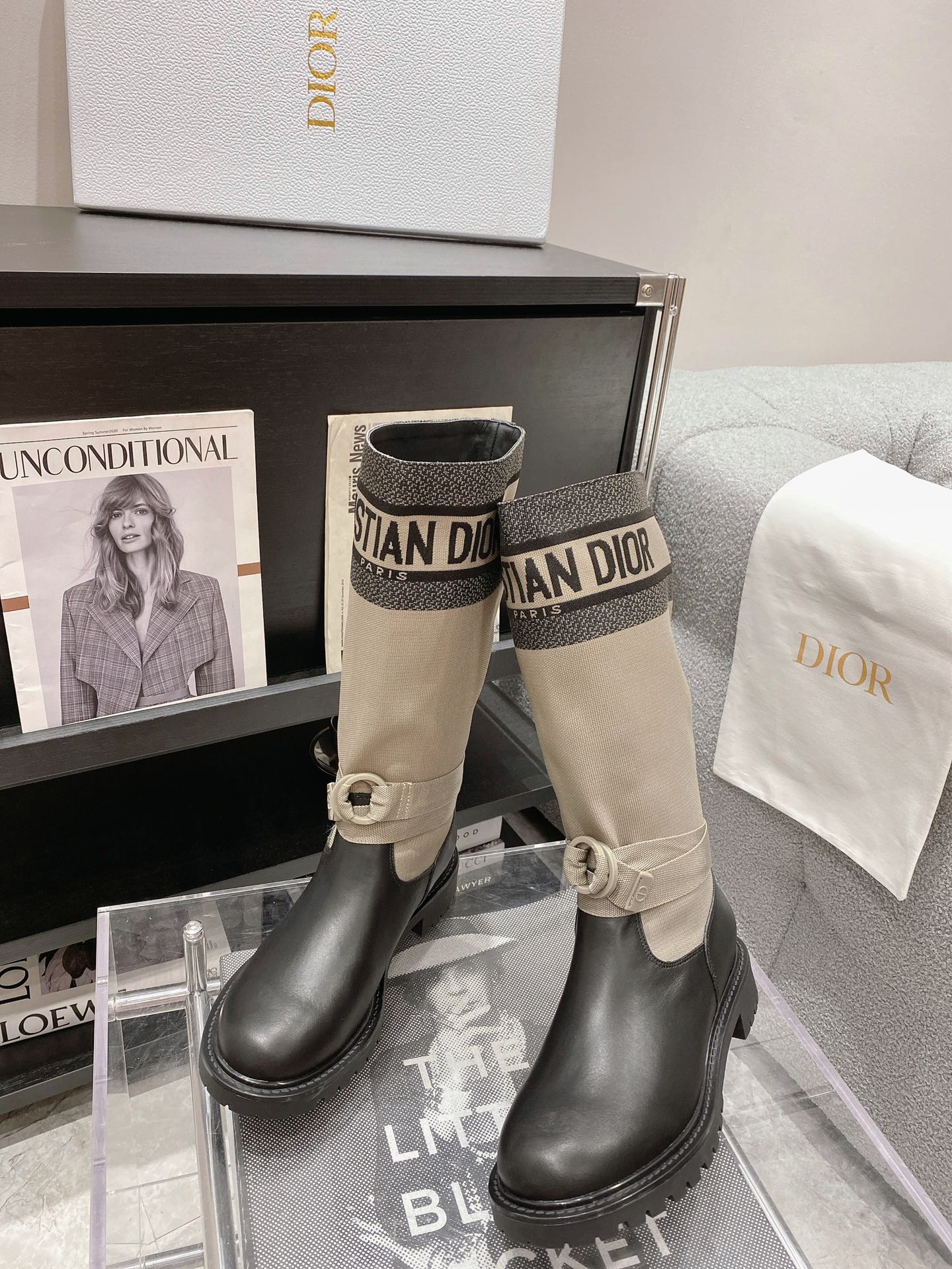 BAGSAAA D-MAJOR BOOT TAUPE TECHNICAL FABRIC AND BLACK CALFSKIN