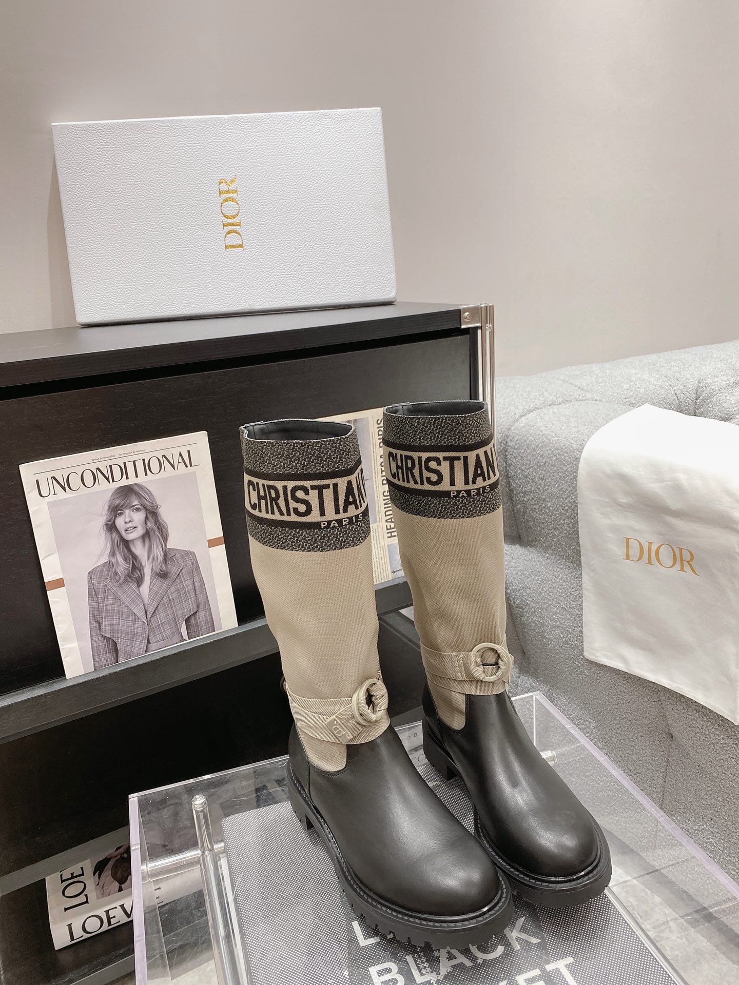 BAGSAAA D-MAJOR BOOT TAUPE TECHNICAL FABRIC AND BLACK CALFSKIN