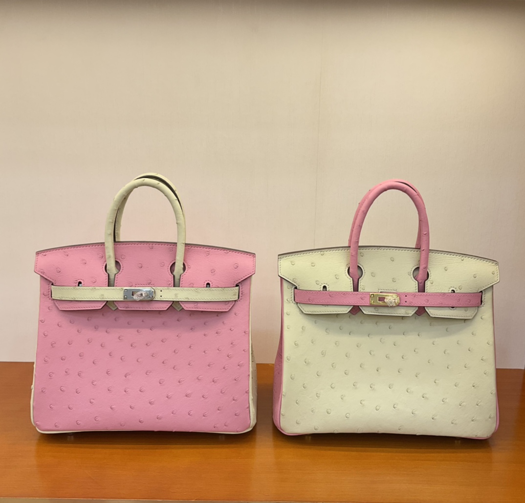 Bagsaaa H**me5 Birkin 25 Ostrich Leather Pink and White