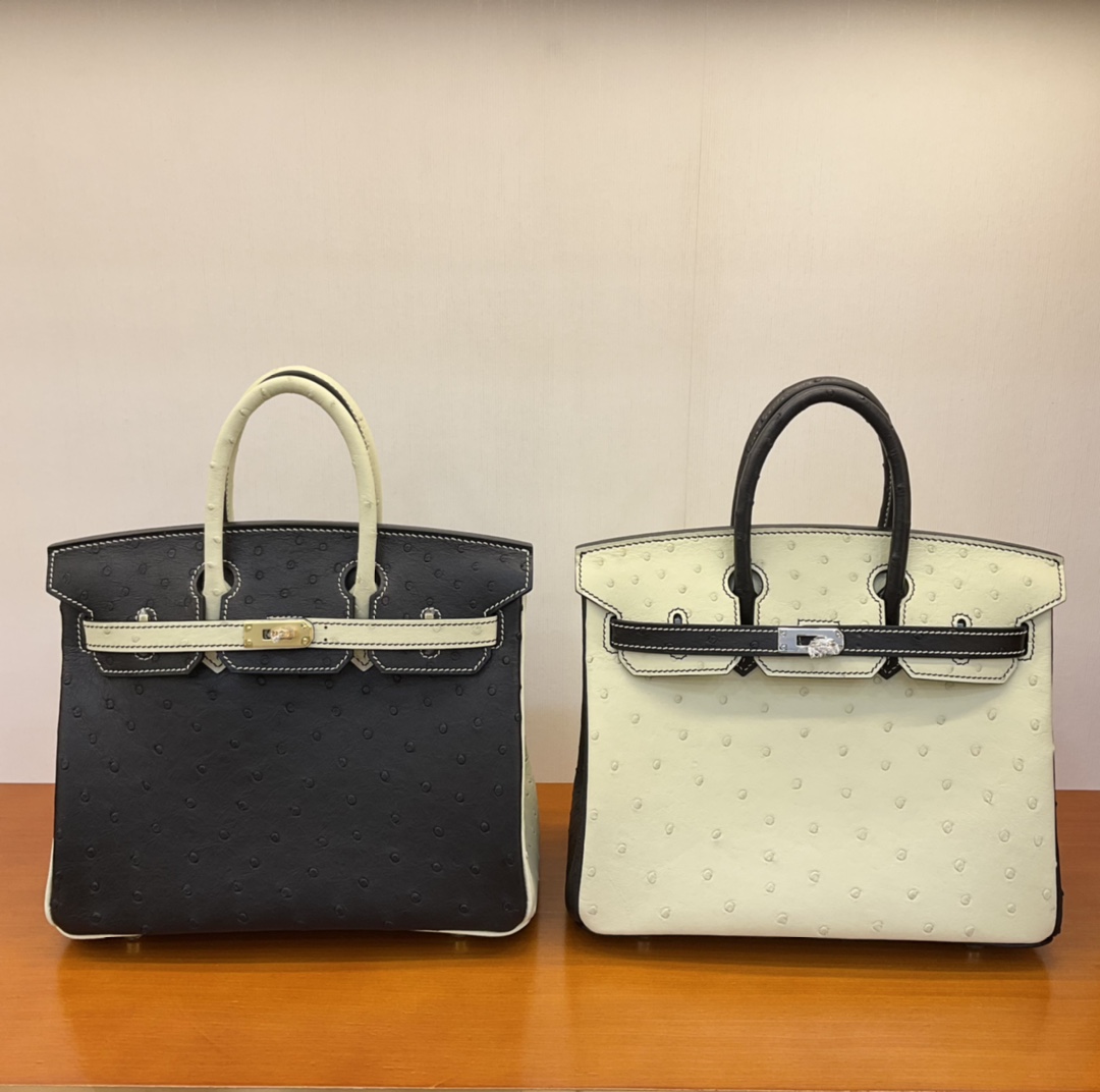 Bagsaaa H**me5 Birkin 25 Ostrich Leather Black and White