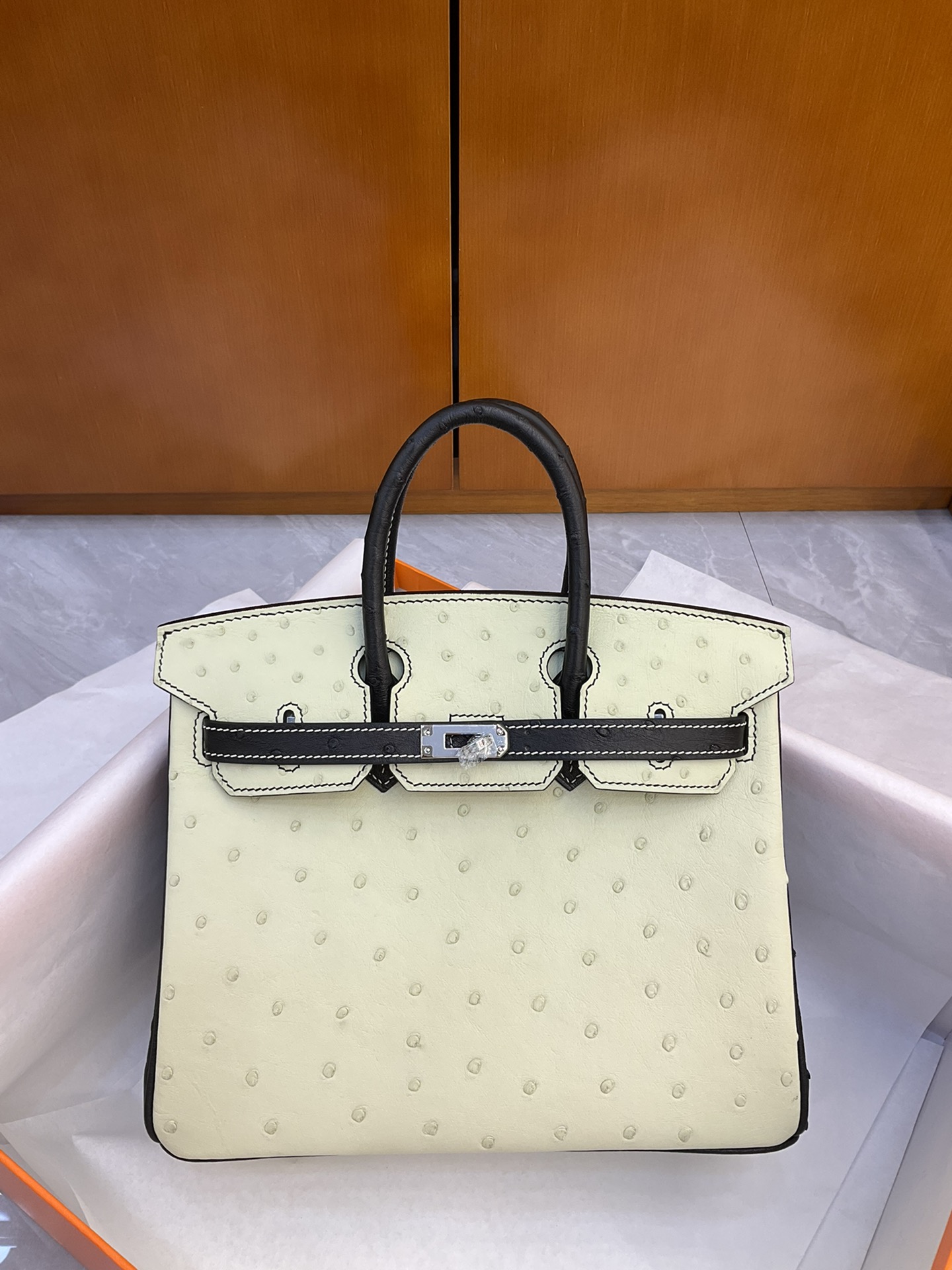 Bagsaaa H**me5 Birkin 25 Ostrich Leather Black and White