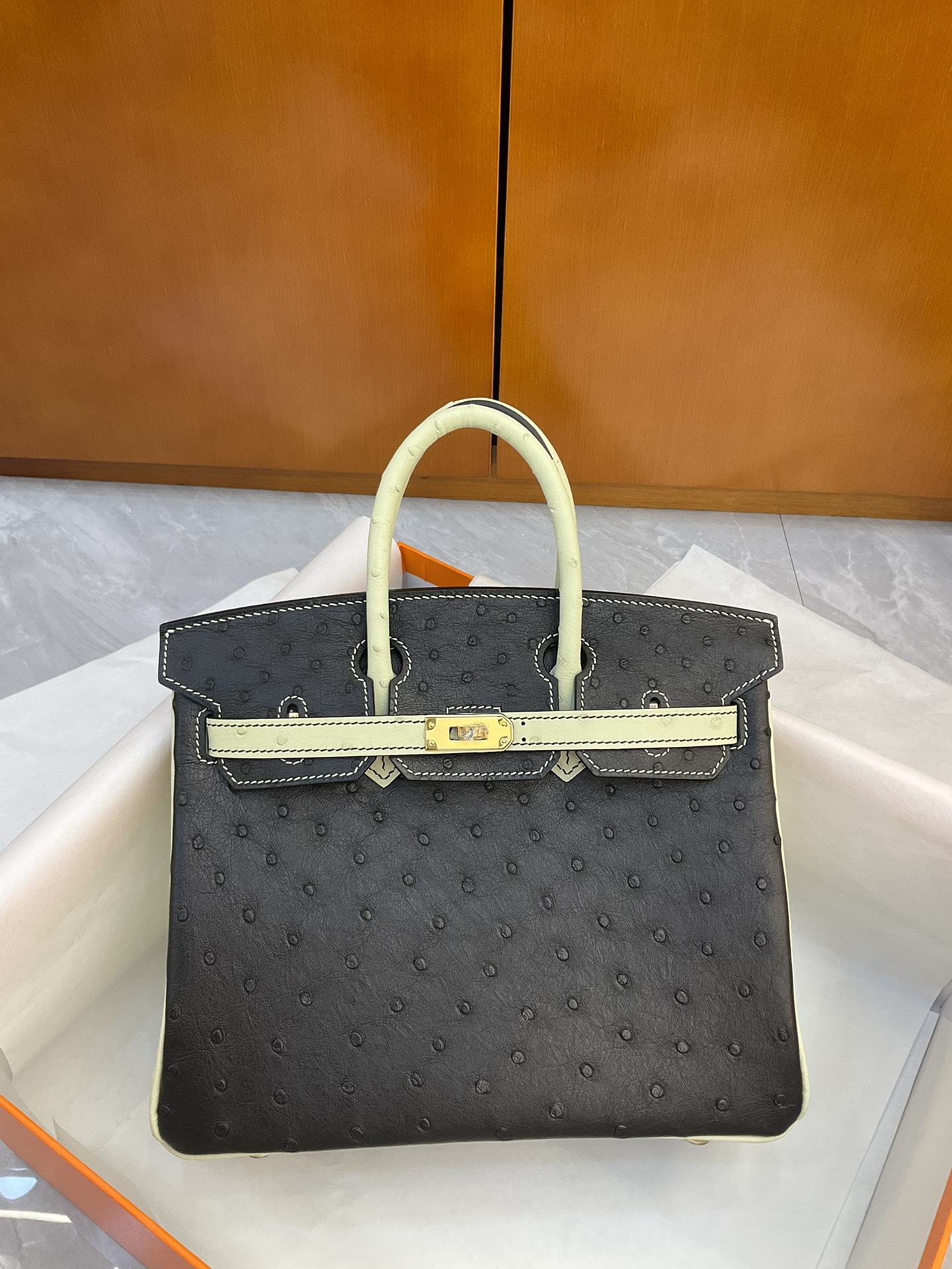 Bagsaaa H**me5 Birkin 25 Ostrich Leather Black and White