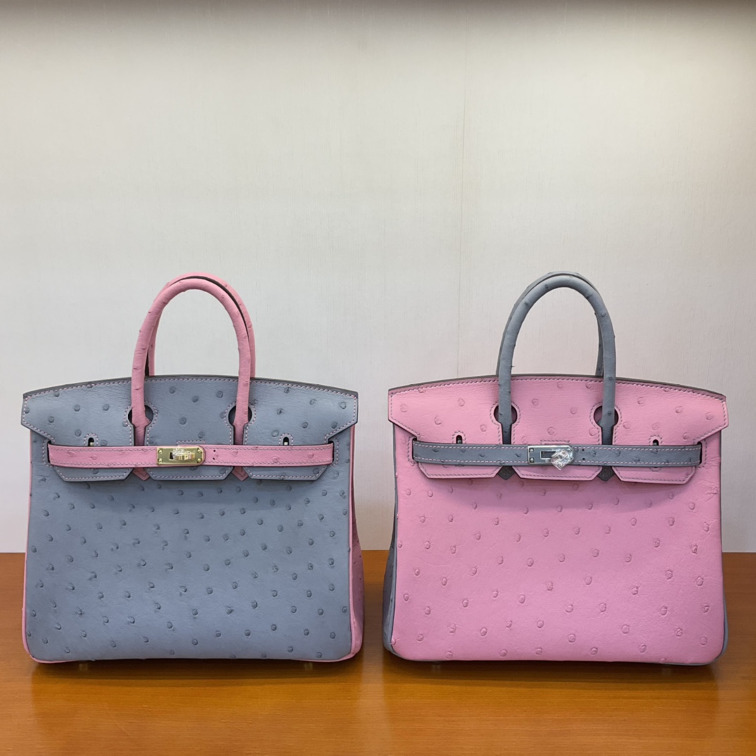Bagsaaa H**me5 Birkin 25 Ostrich Leather Grey and Pink