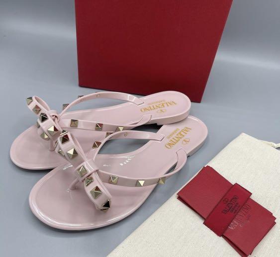 Bagsaaa Va1e*ntin0 Pink Bow Rockstud Thong Sandals