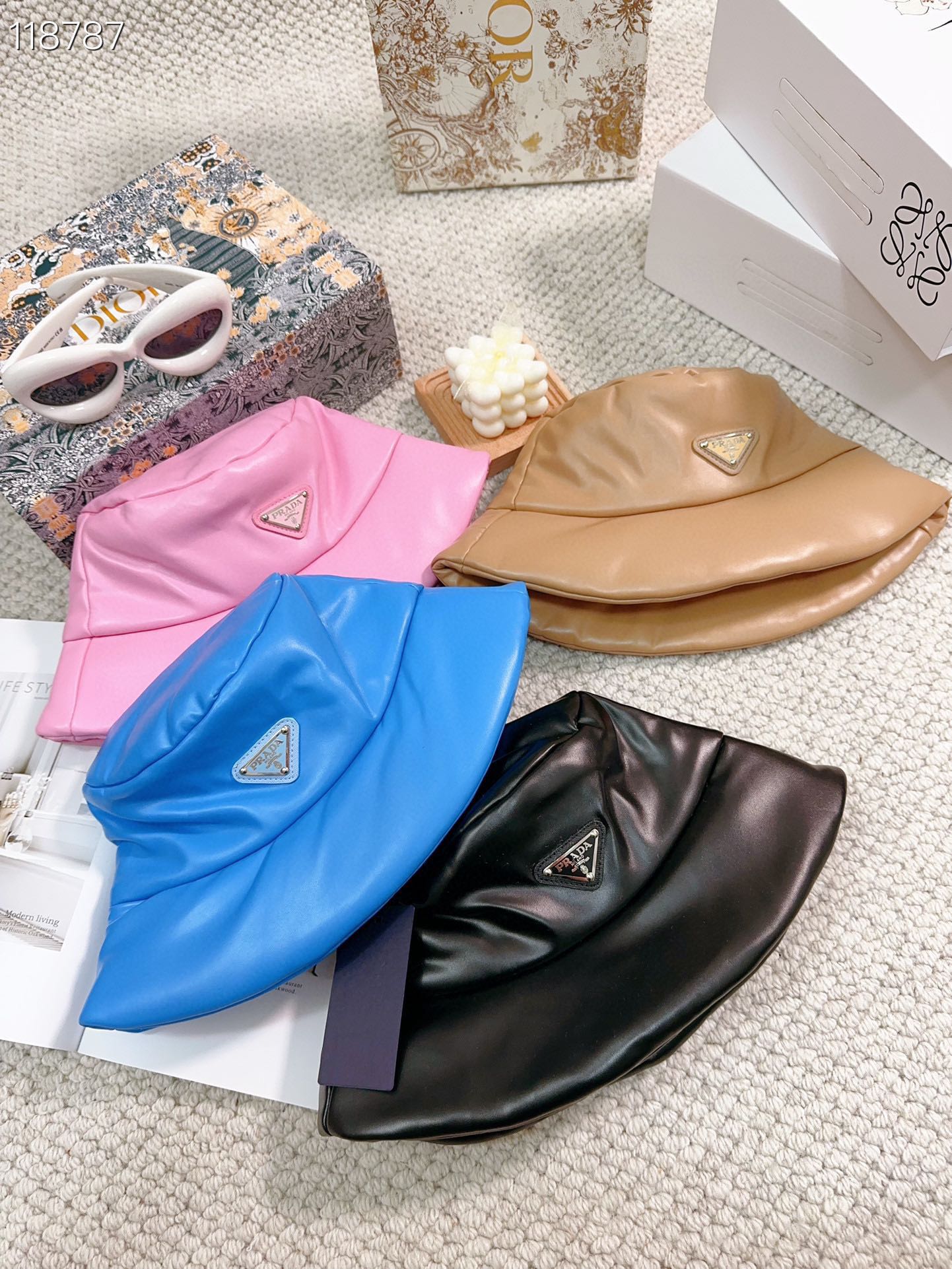 BagsaPra*a enamelled-logo Nappa Leather Bucket Hat