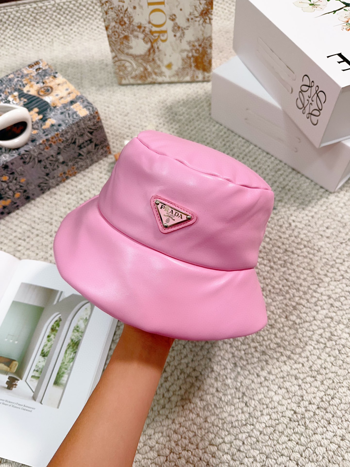 BagsaPra*a enamelled-logo Nappa Leather Bucket Hat